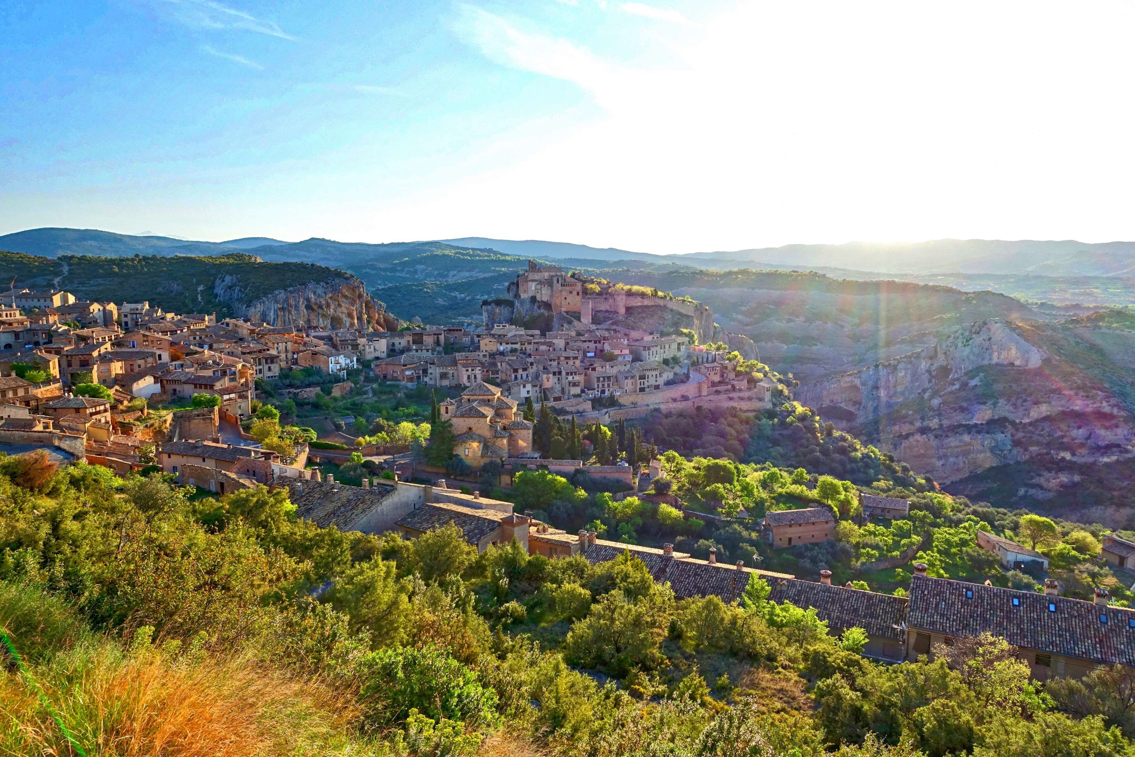 environment, tranquil scene, high angle view, non-urban scene, view, architecture, mountain, nature, town, scenics - nature, sunlight, famous, alquezar, HD Wallpaper