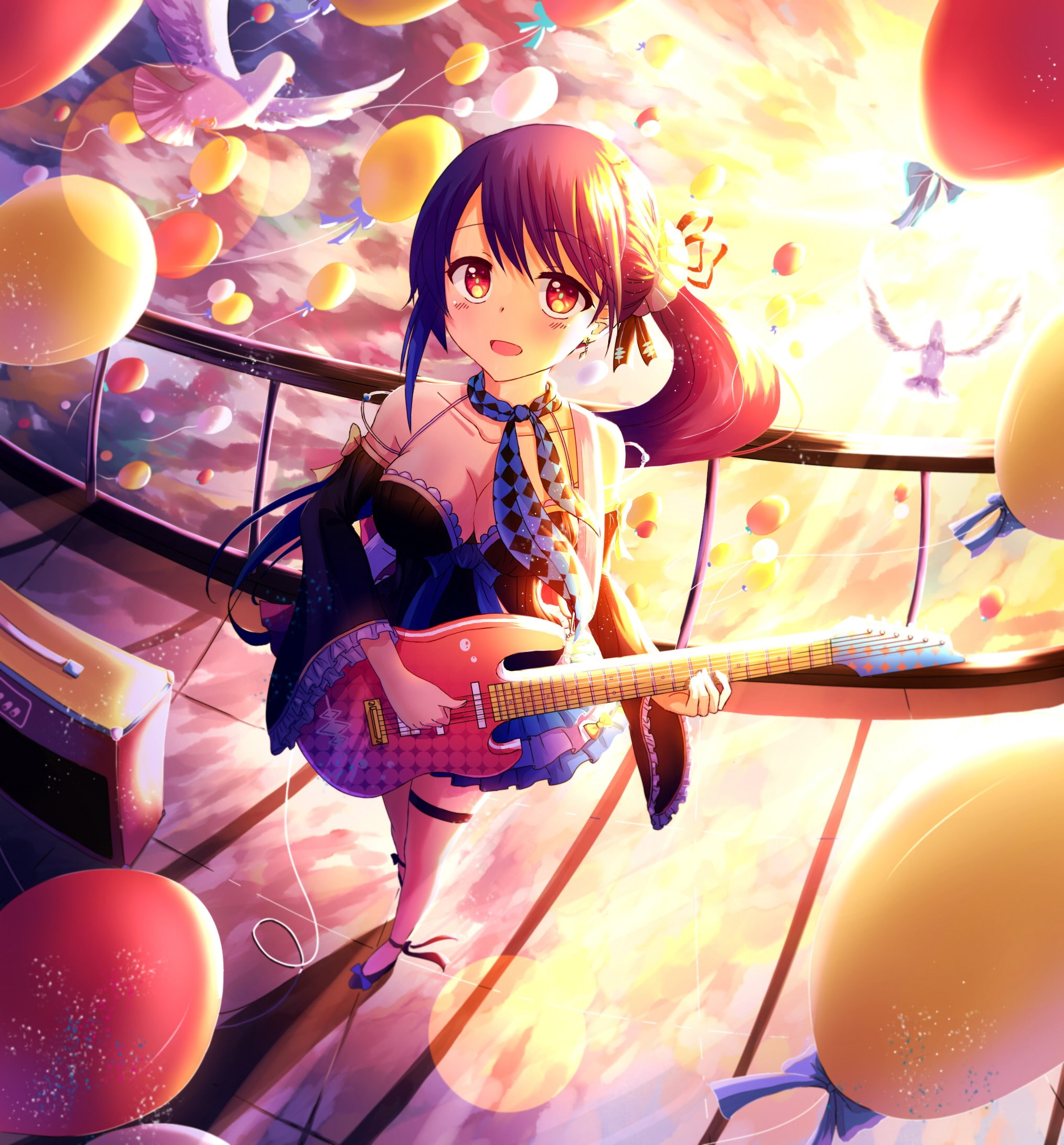 Vocaloid, long hair, balloon, bass guitars, ribbon, anime, Xin Hua, birds, ponytail, sky, anime girls, clouds, 1080P, Phone HD Wallpaper