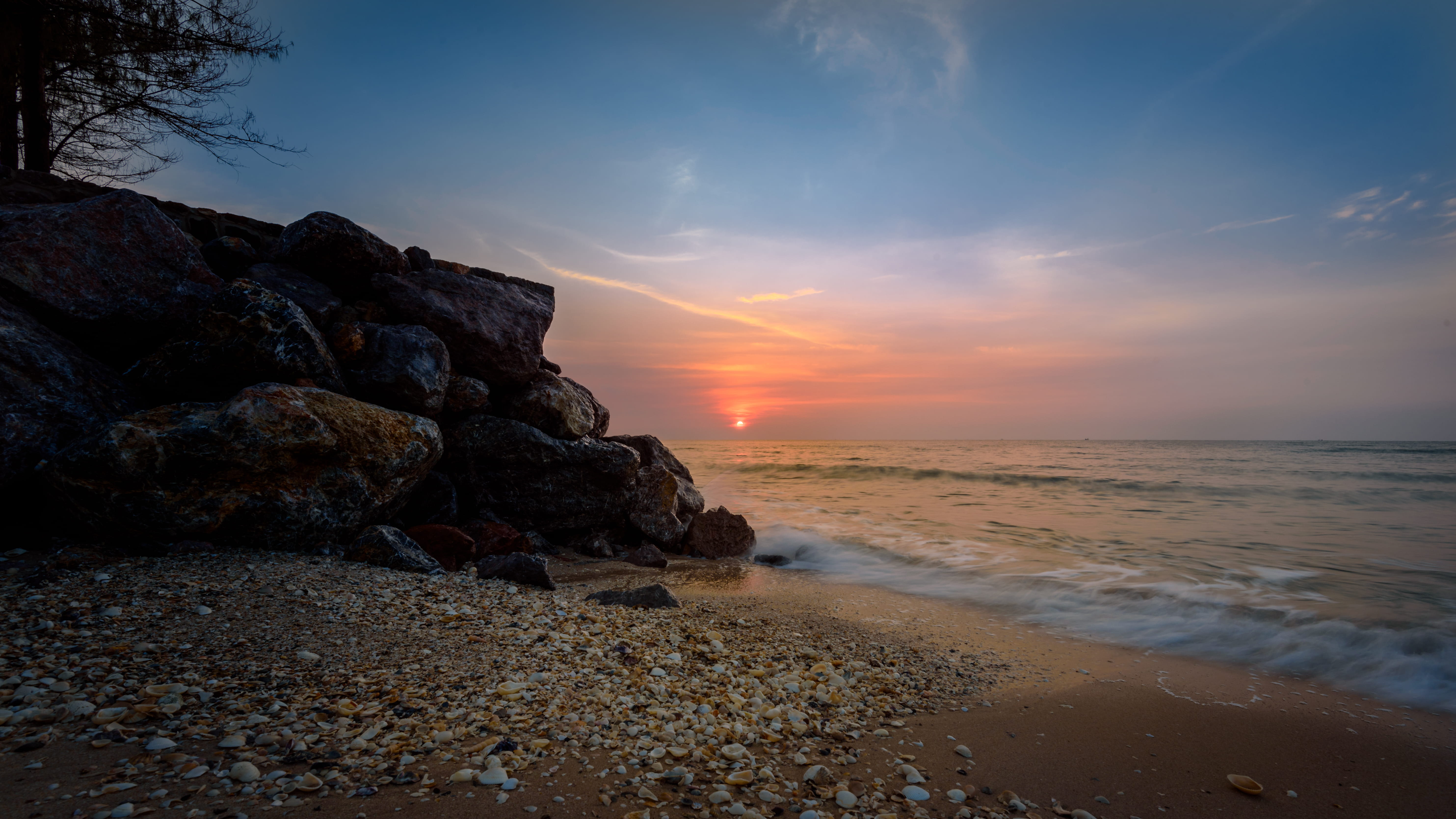 rocks, sea, tranquility, horizon over water, beauty in nature, pebble, land, no people, tranquil scene, 5K, cloud - sky, sunrise, sunset, idyllic, sky, HD Wallpaper