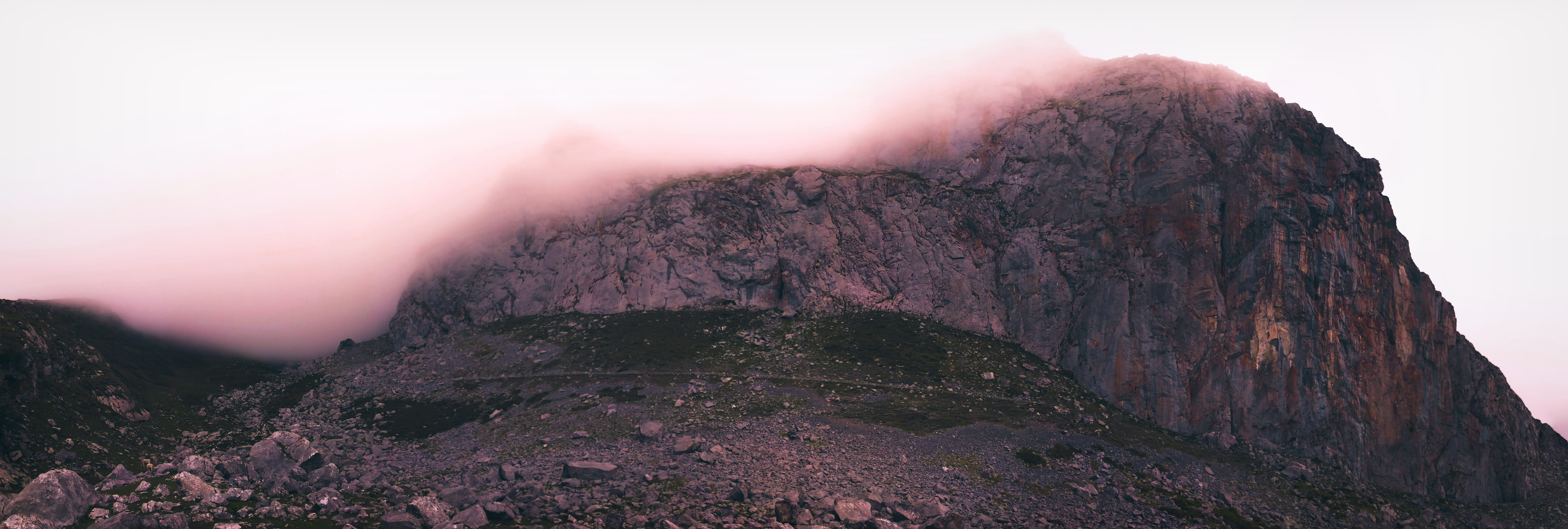 foggy, 8K, mountain peak, fog, land, cloud, europe, adventure, outdoors, rock formation, purple, pink, non-urban scene, hiking, no people, climbing, tranquility, HD Wallpaper