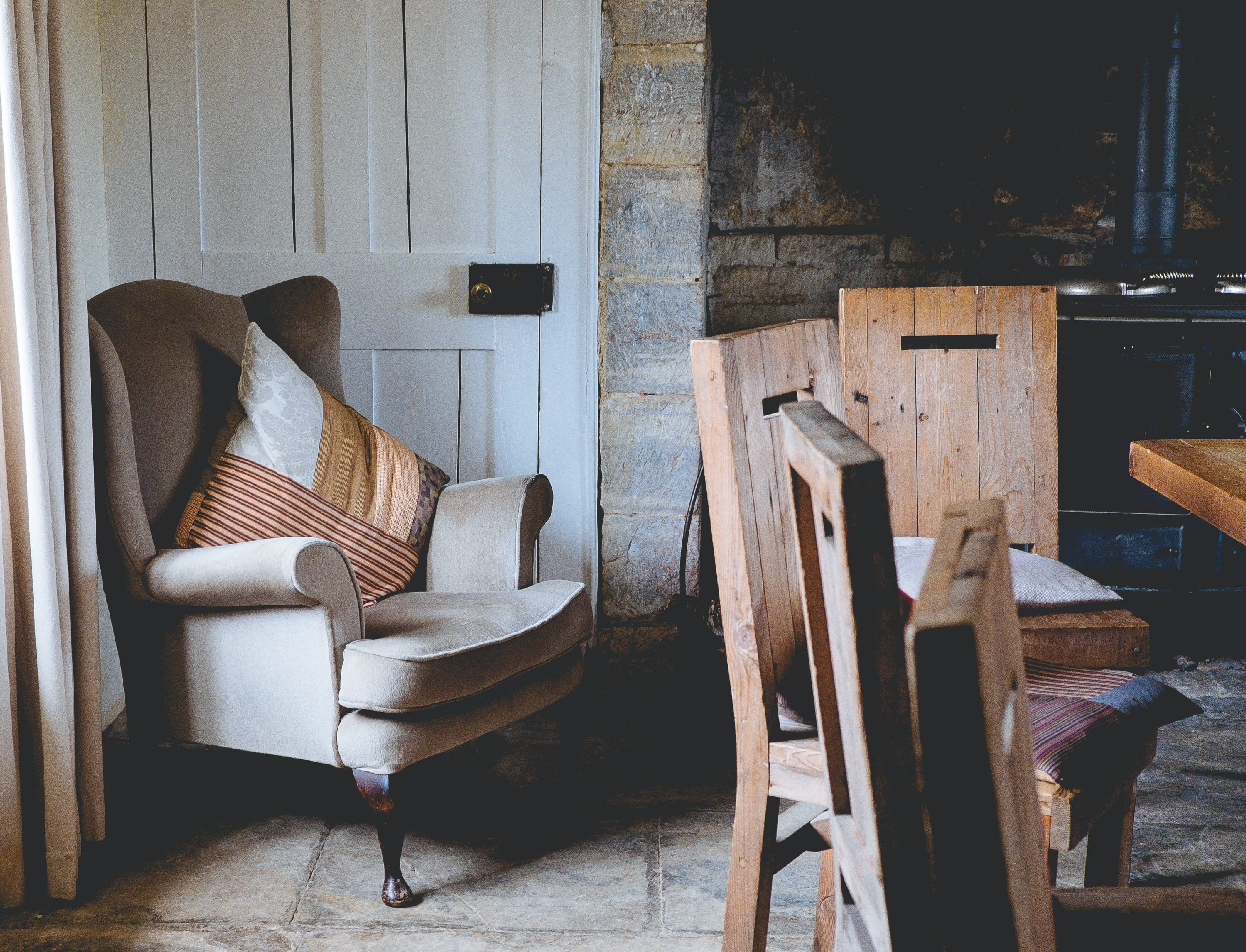 pillows, door, day, wall - building feature, armchair, indoors, decor, sofa, chairs, couch, suede, pillow, gray, table, brown, flooring, room, chair, beside, HD Wallpaper