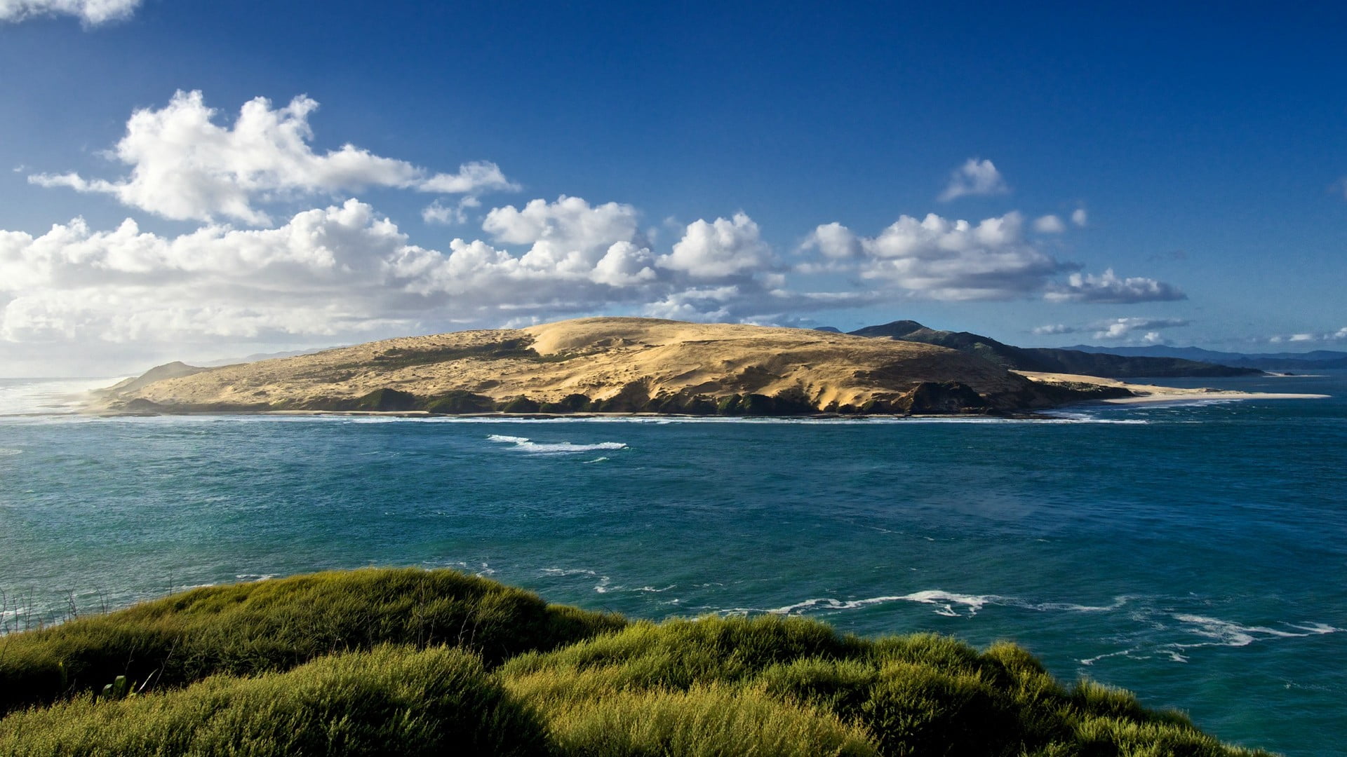 grass, tranquil scene, sky, cloud - sky, hokianga, no people, scenics - nature, beach, land, mountain, 1080P, water, northland, coast, horizon, outdoors, HD Wallpaper
