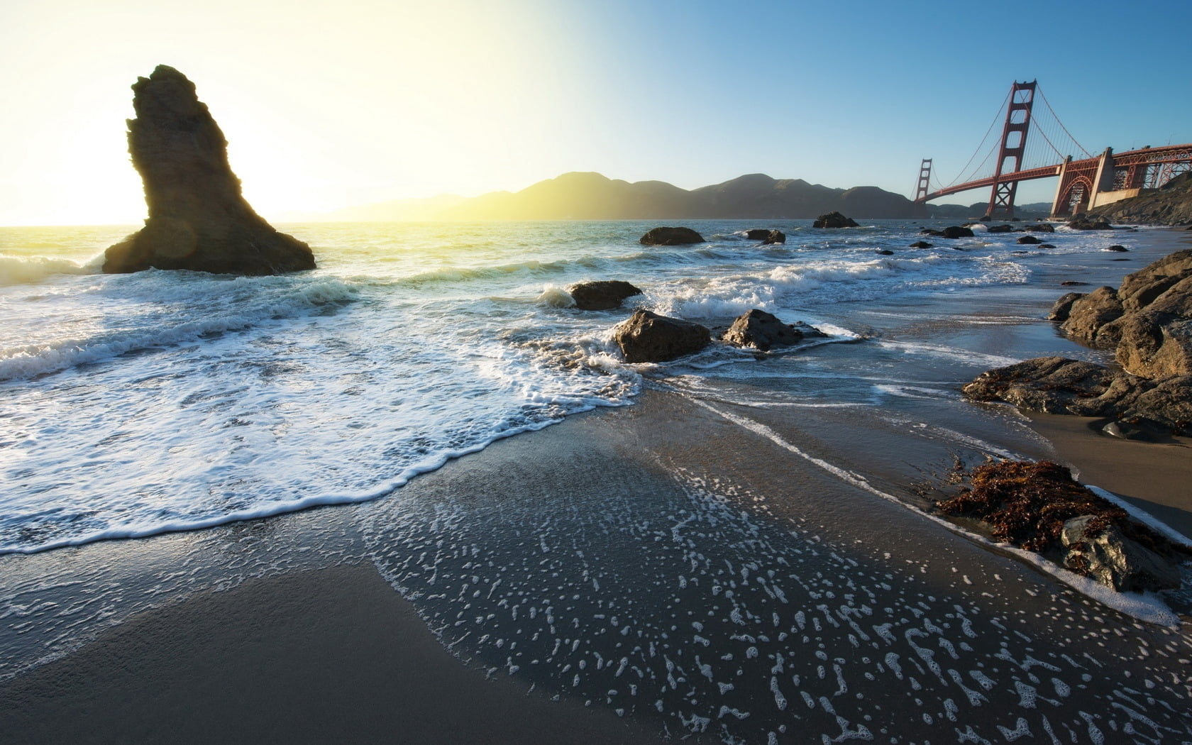 central California, wave, beach, motion, tourism, travel, golden Gate Bridge, sport, urban Scene, famous Place, coastline, sunset, dusk, outdoors, sunlight, HD Wallpaper