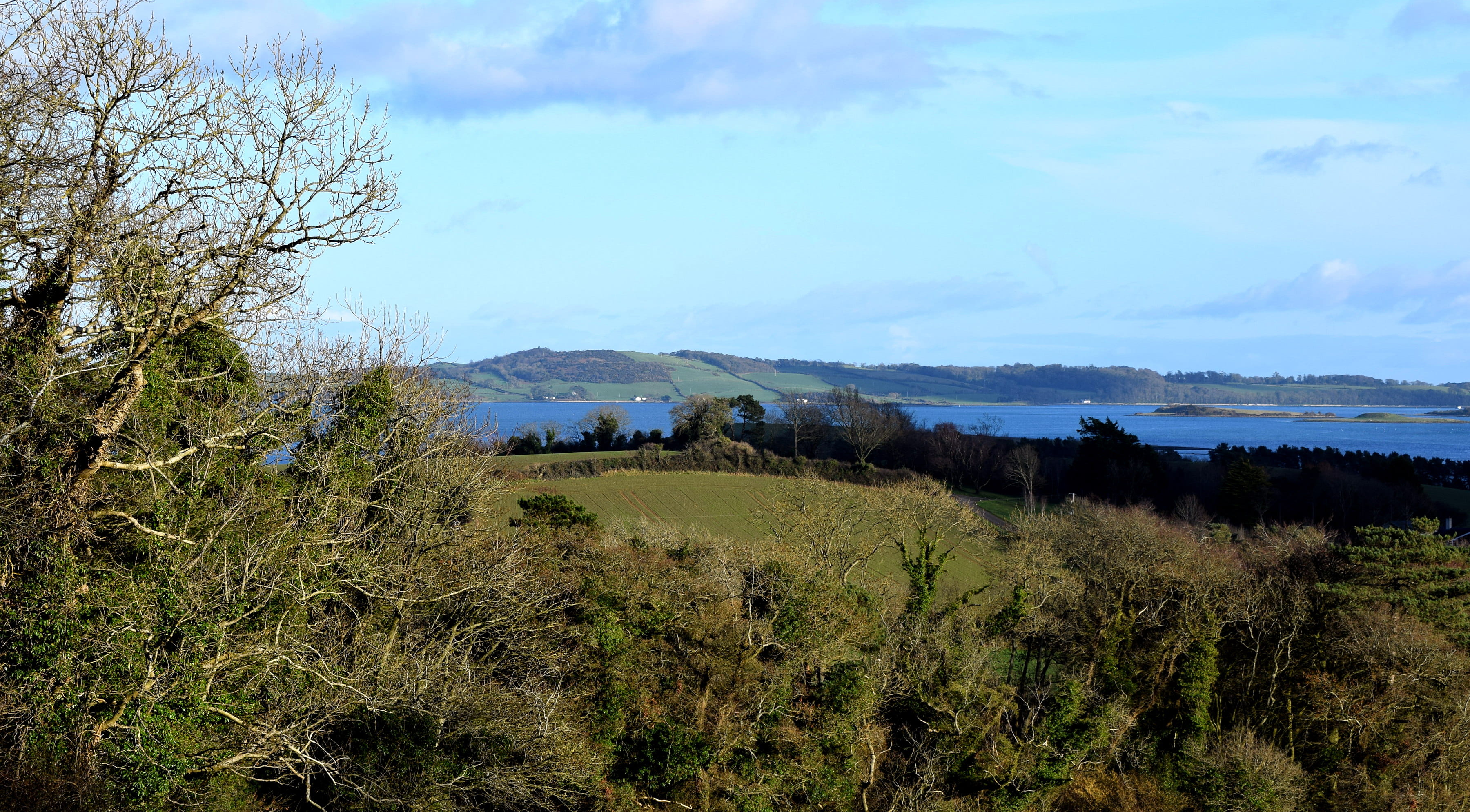 field, landscape, 2K, sky, nature, grass, environment, killyleagh, countryside, outdoors, plant, day, building, strangford lough, cloud - sky, tranquil scene, HD Wallpaper