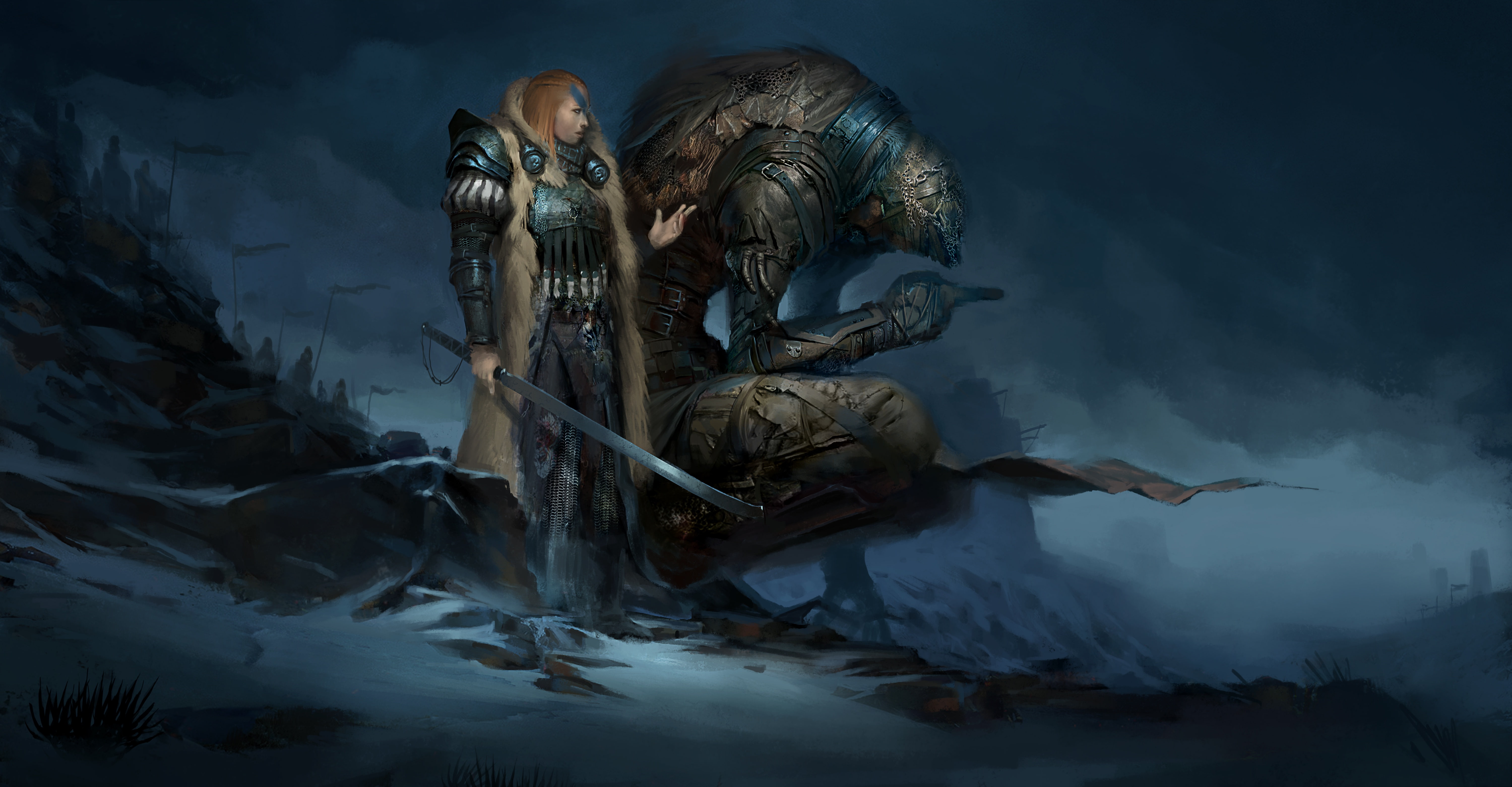 5K, gloomy, art, monster, History of the northern lands, sword, rocks, Glenyr Perforth, girl, army, clouds, HD Wallpaper