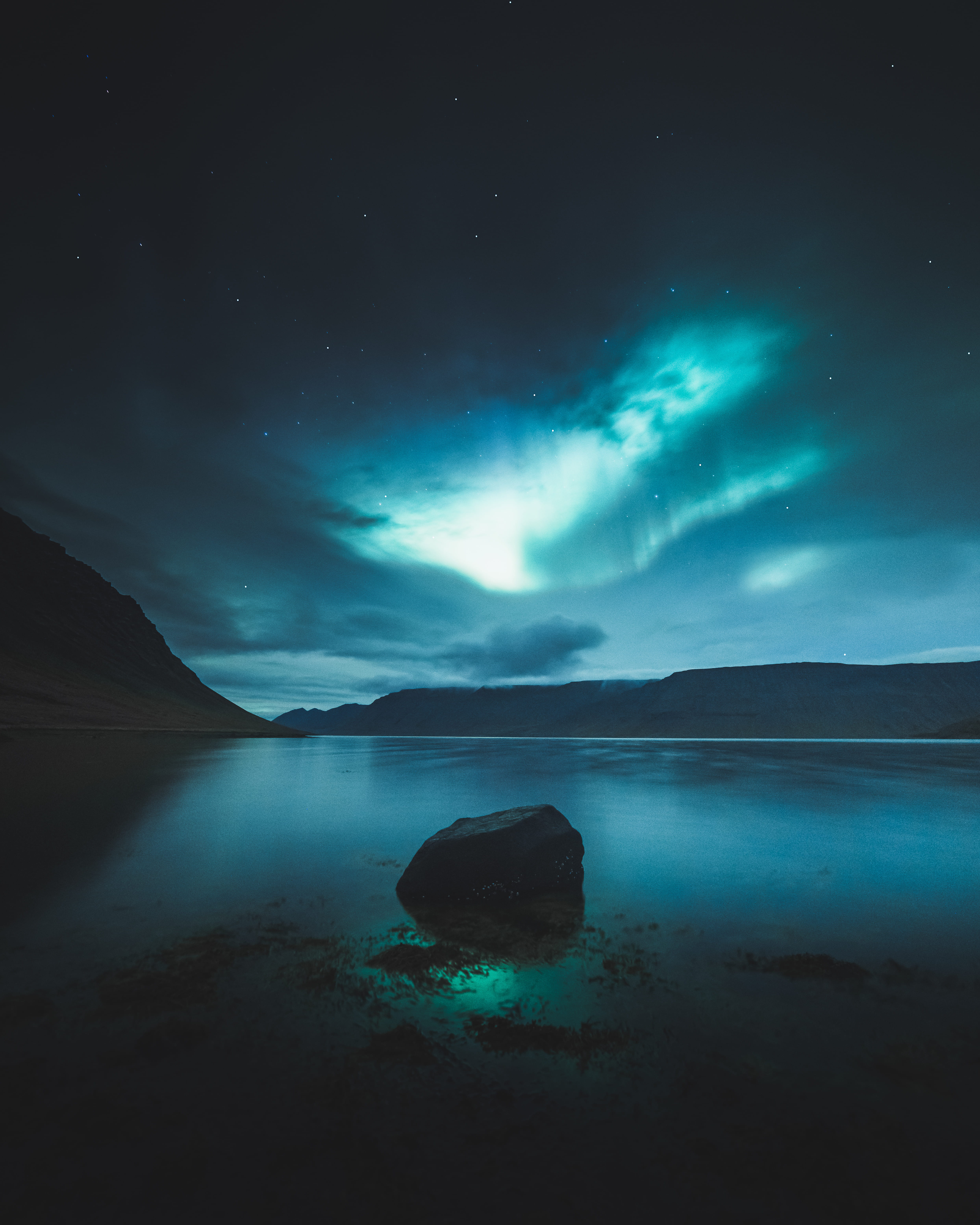 land, cold, nighttime, aurora, lights, idyllic, night, tranquil scene, mountain, northern, landscape, borealis, no people, water, silhouette, hill, nature, Phone HD Wallpaper
