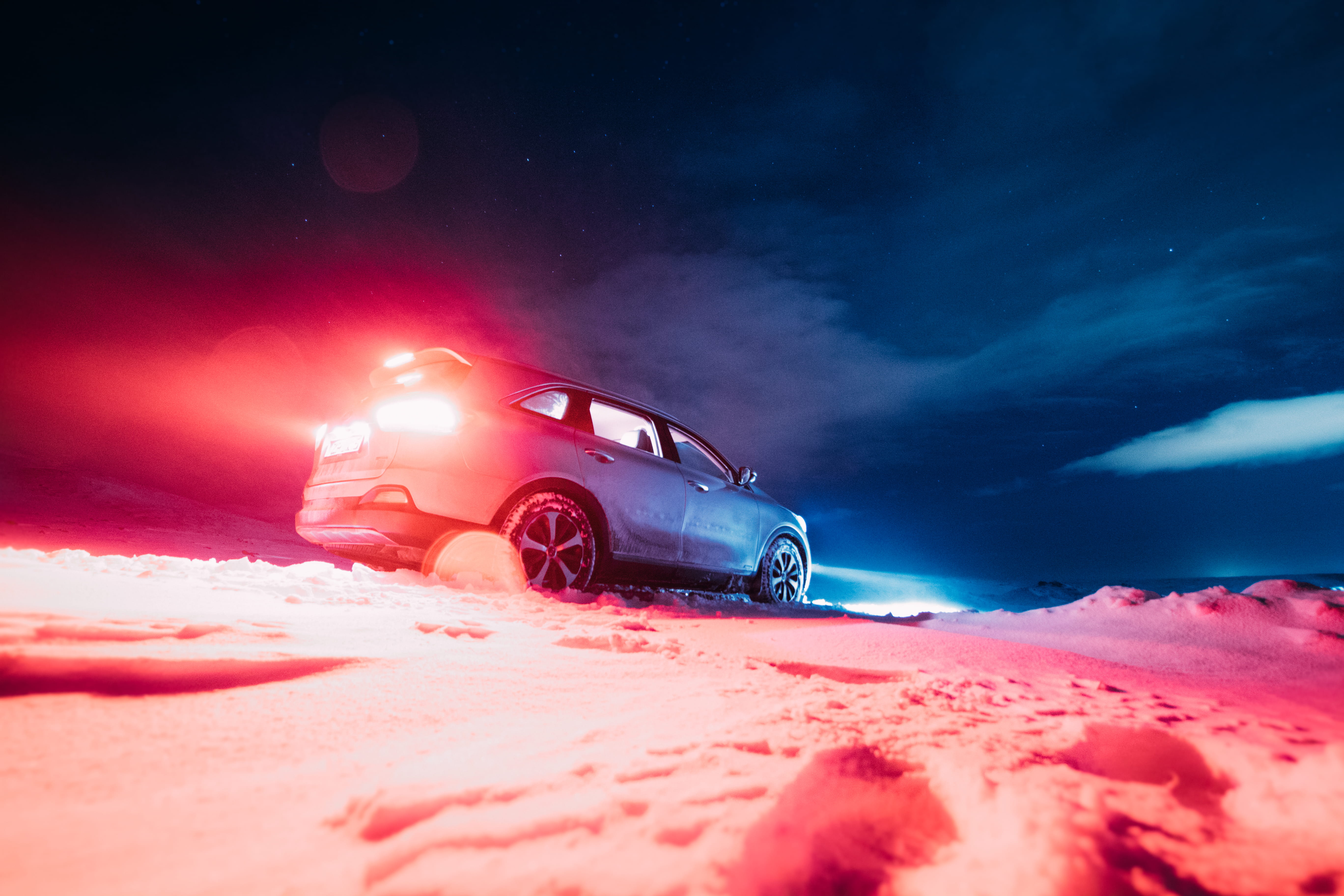 blue, mode of Transport, 4x4, off-Road Vehicle, snow, sports Utility Vehicle, transportation, aurora, iceland, icelandic, sports, dusk, sunset, scenics, HD Wallpaper
