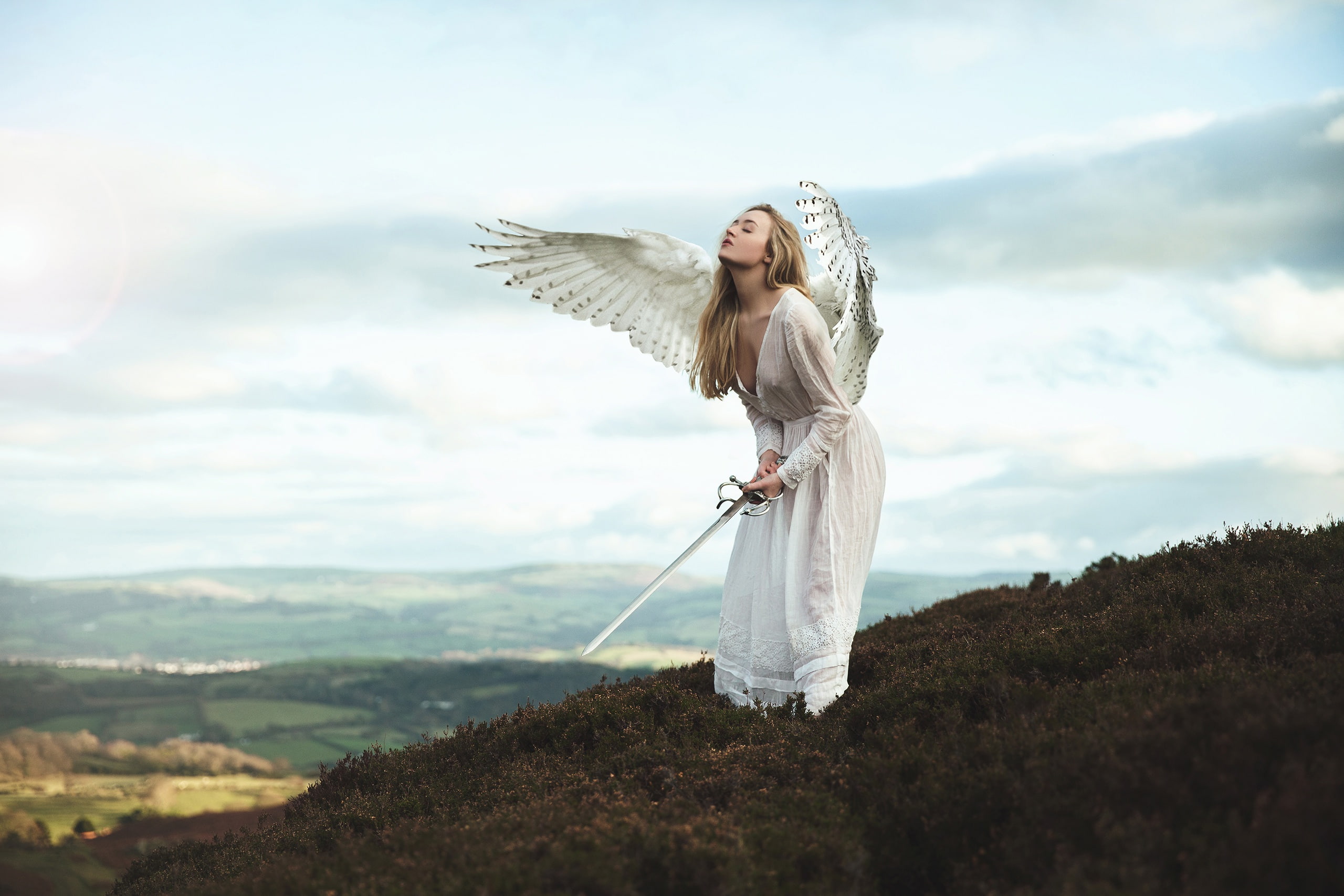 weapons, dress, the situation, angel, clouds, sword, fantasy, chest, long-haired, mood, pose, wings, height, mountains, hill, girl, art, stroke, the sky, HD Wallpaper
