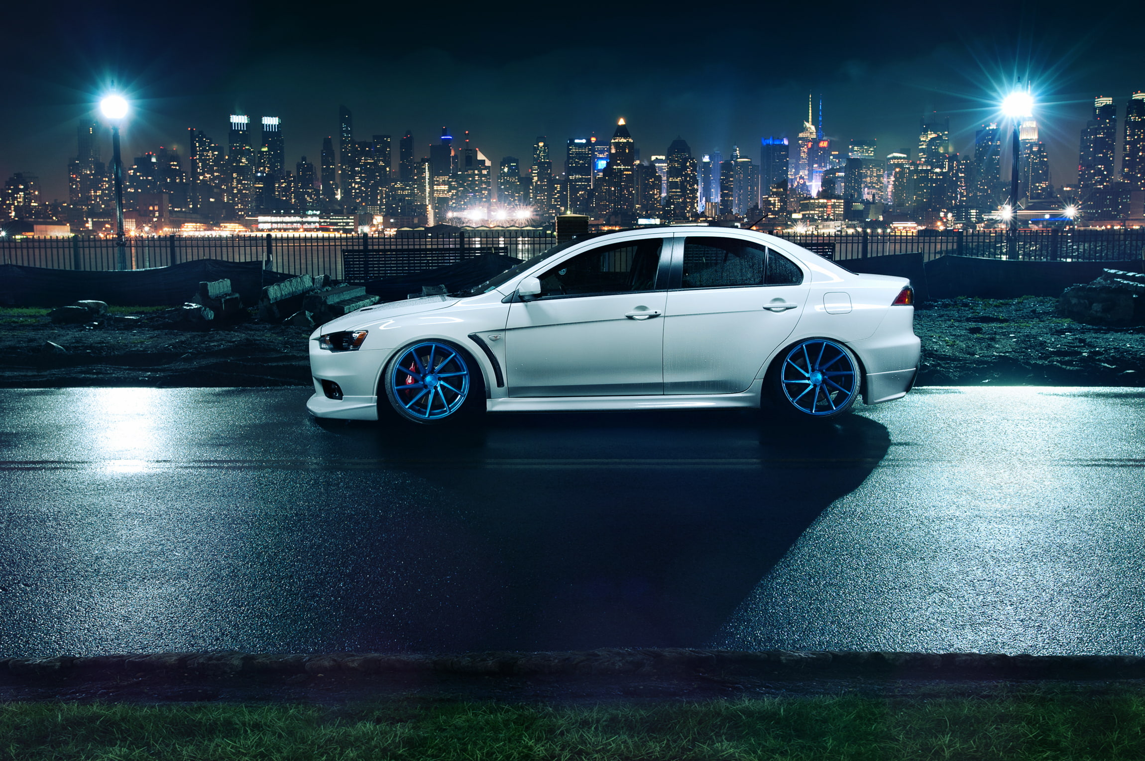 Vossen Wheels, office building exterior, motor vehicle, car, no people, night, road, building, skyscraper, white, land vehicle, profile, 1080P, nature, HD Wallpaper