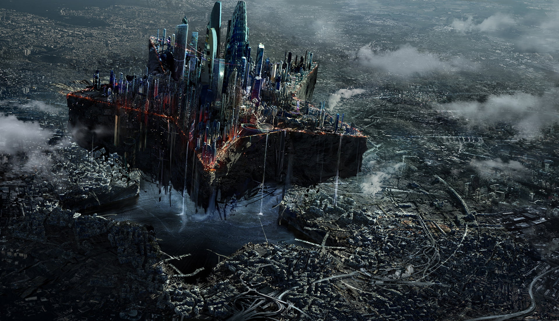 motion, scenics - nature, high angle view, megapolis, scene, skyscrapers, ruins, land, transportation, rock, nature, apocaliptic, sea, fog, star, HD Wallpaper