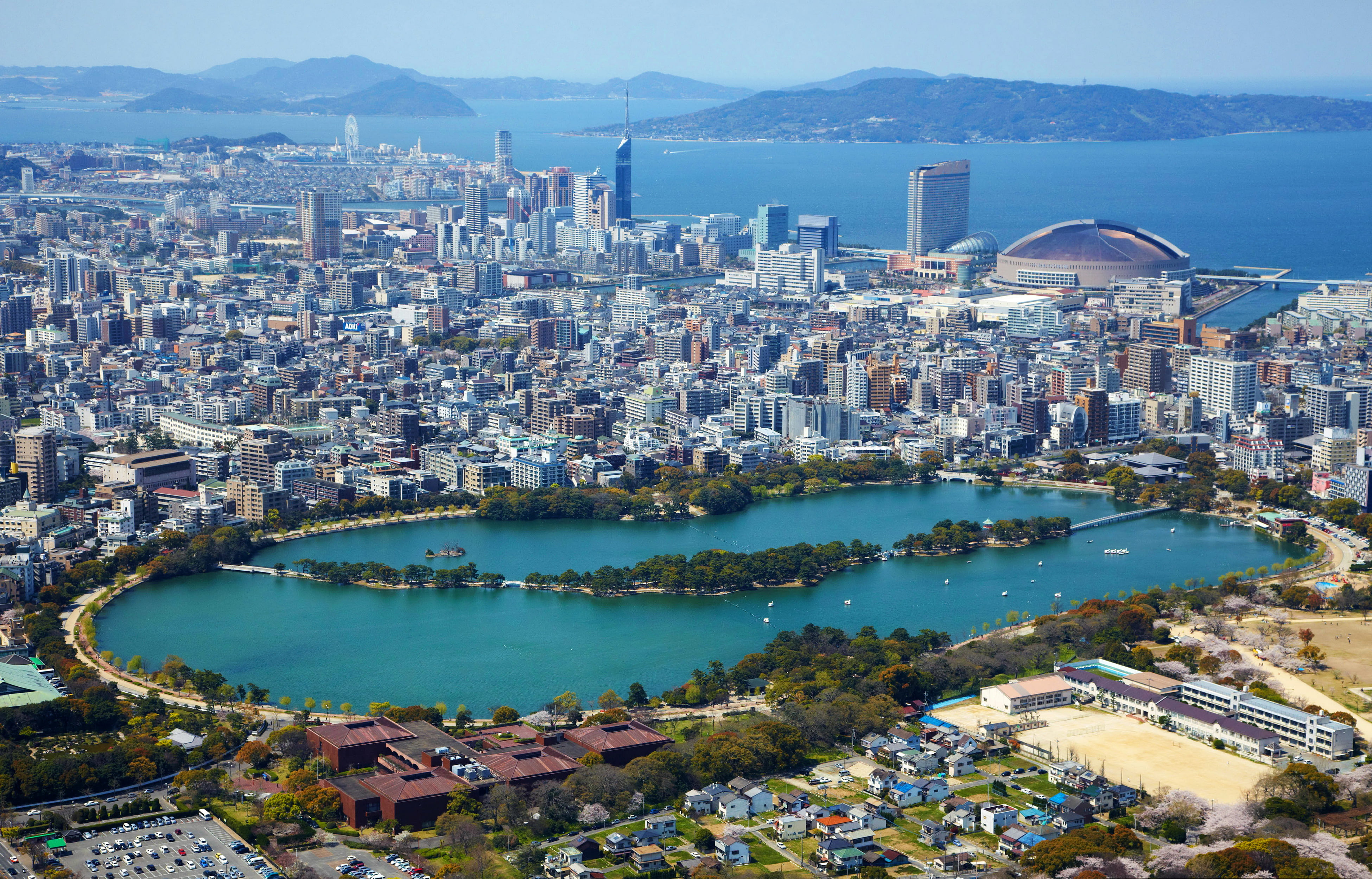 the view from the top, scapes, sea, Japan, new, home, york, lake, megapolis, coast, city, 4K, panorama, Fukuoka, HD Wallpaper