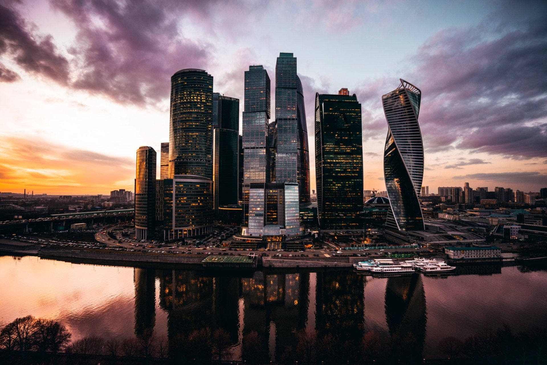 Skyscraper, Cities, Reflection, Moscow, 1080P, Sunset, River, City, Building, HD Wallpaper