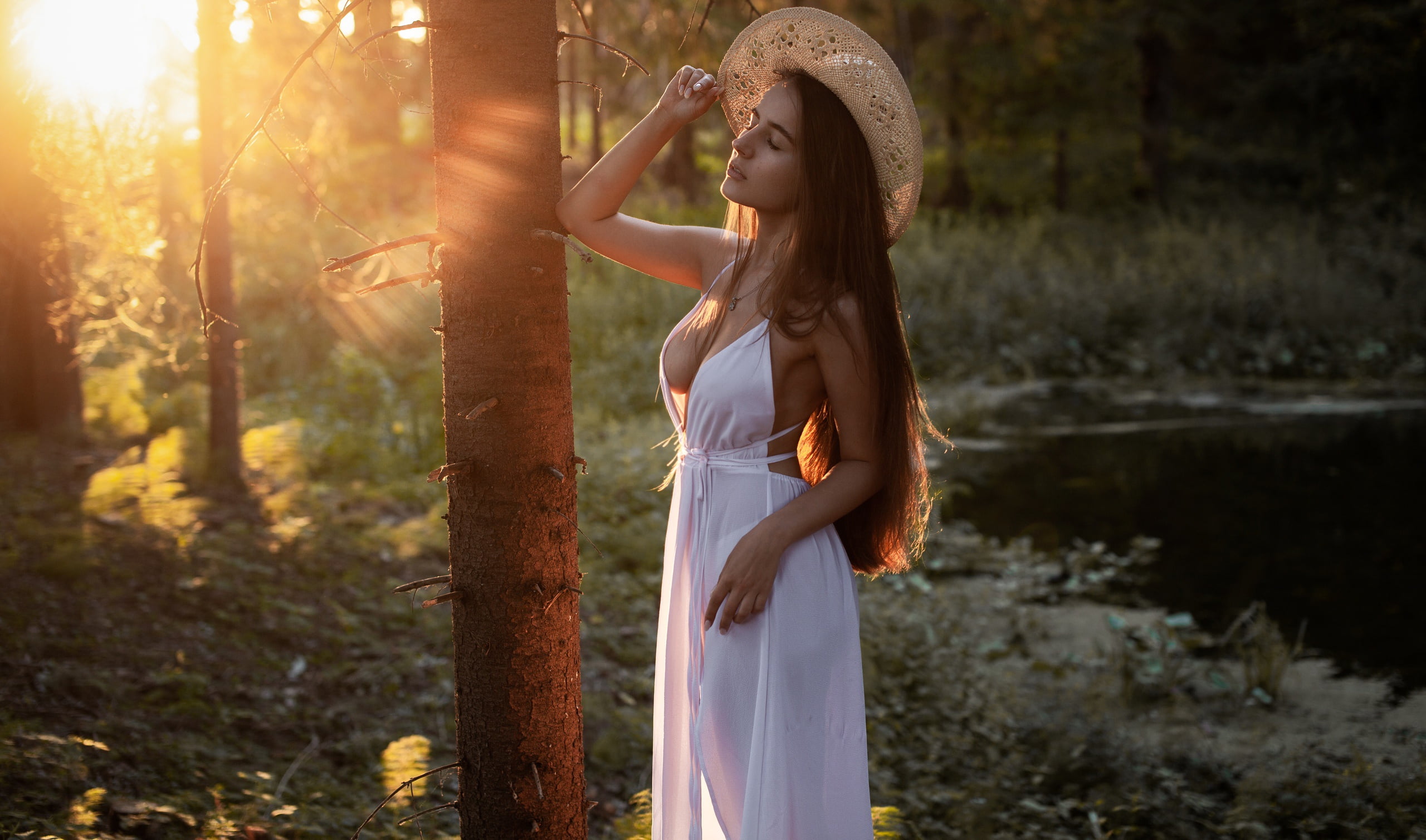 hair, river, forest, figure, the sun, beautiful, pose, 2K, girl, Andrey Frolov, Hope Zvezdochkina, hat, dress, HD Wallpaper