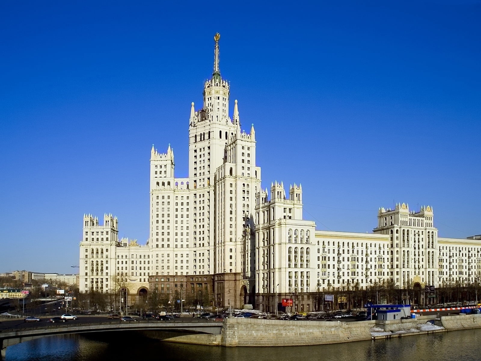 building, building Exterior, downtown District, skyscraper, city, spire, white, moscow university, clear sky, transportation, day, water, sky, office Building, HD Wallpaper