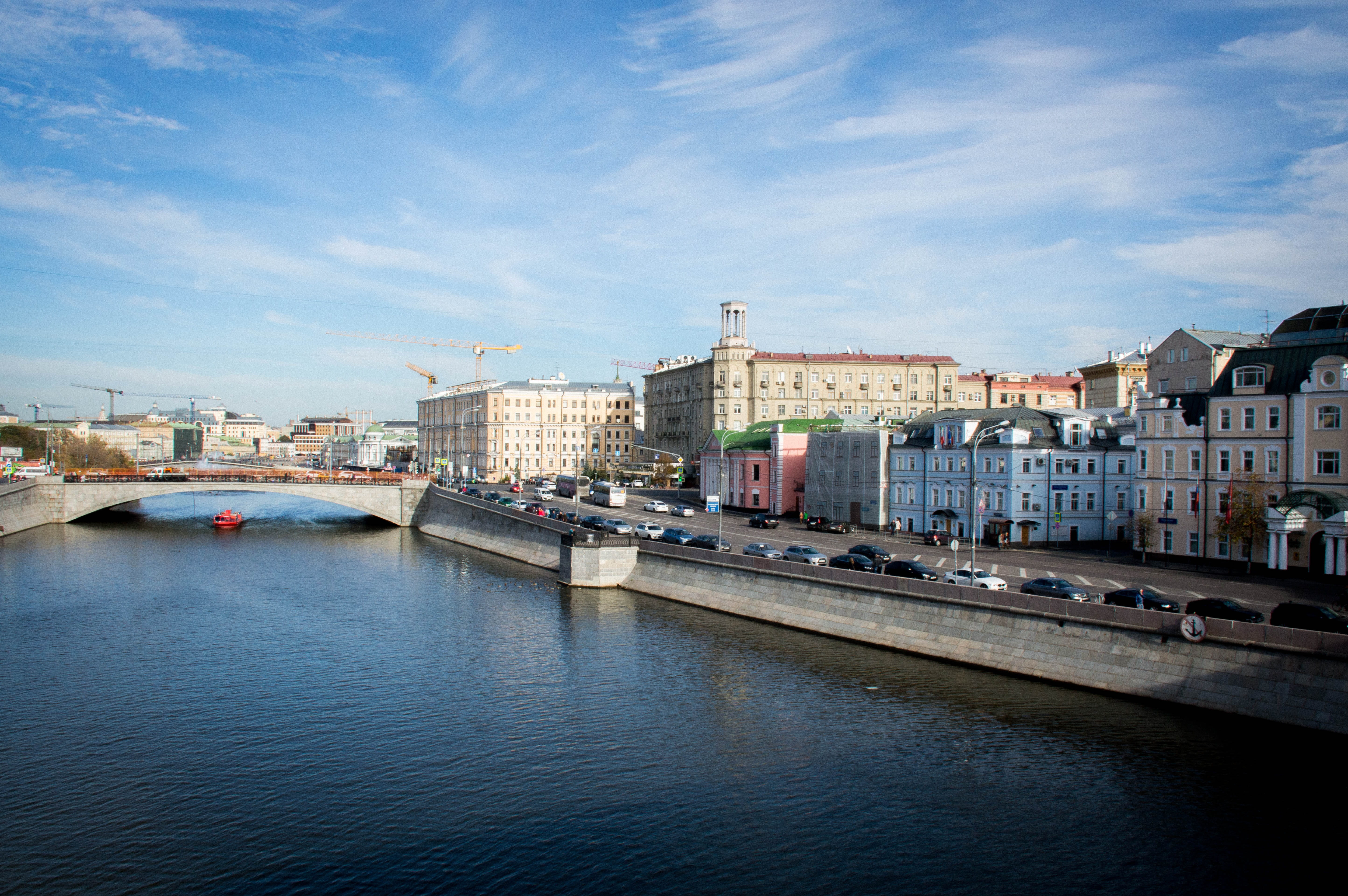 nature, passenger craft, moscow, building exterior, architecture, apartment, water, river, sky, travel destinations, bridge, cloud - sky, outdoors, waterfront, HD Wallpaper
