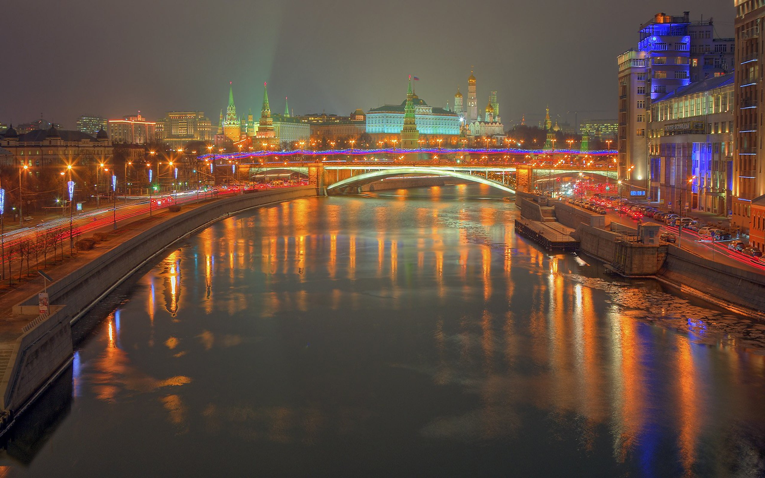 night, 2K, russia, river, kremlin, moscow, reflection, f, HD Wallpaper