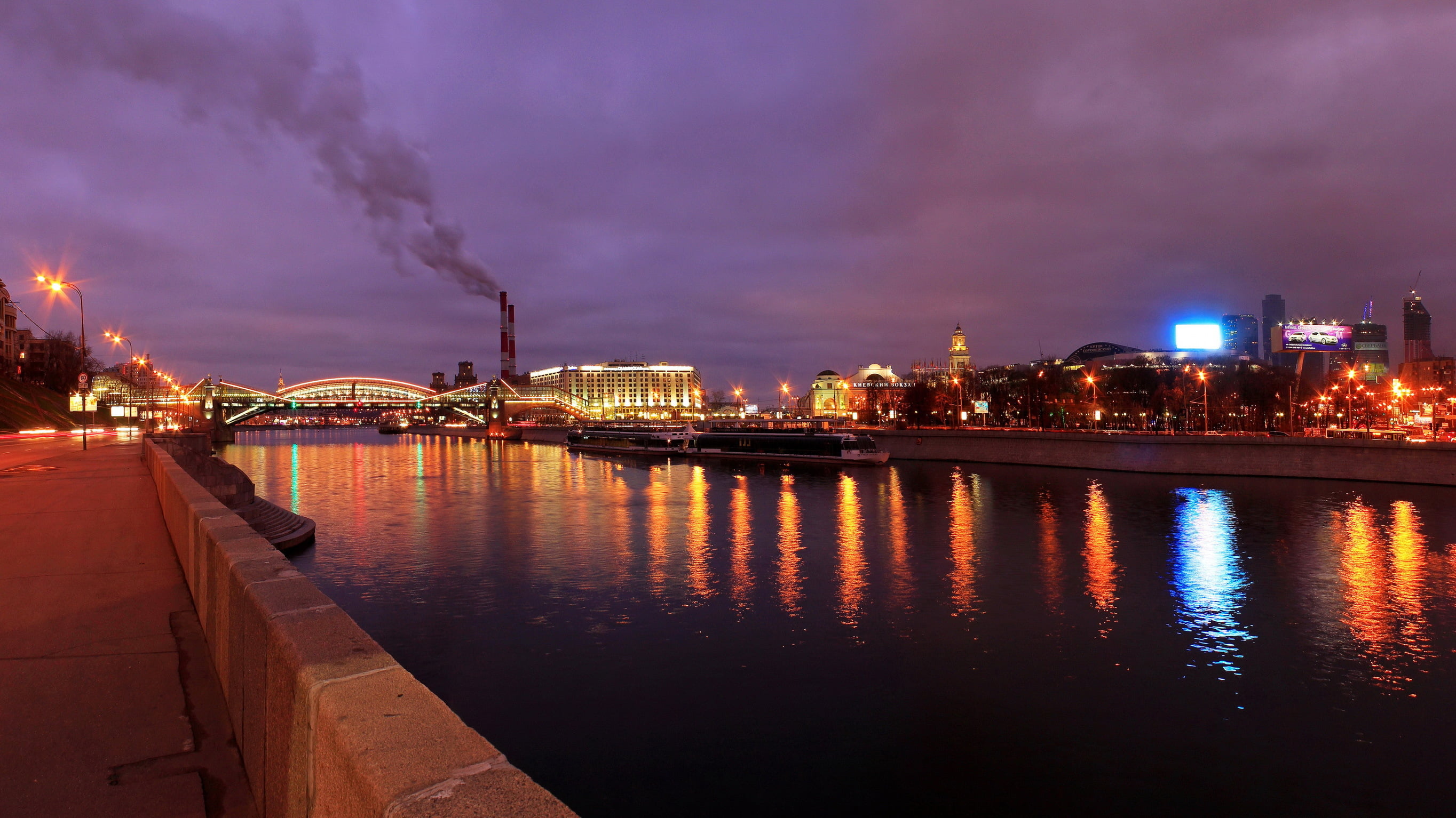 built Structure, bridge, downtown District, reflection, skyscraper, sunset, capital, connection, cloud - sky, city, Moscow-City, landscape, city Life, cityscape, HD Wallpaper