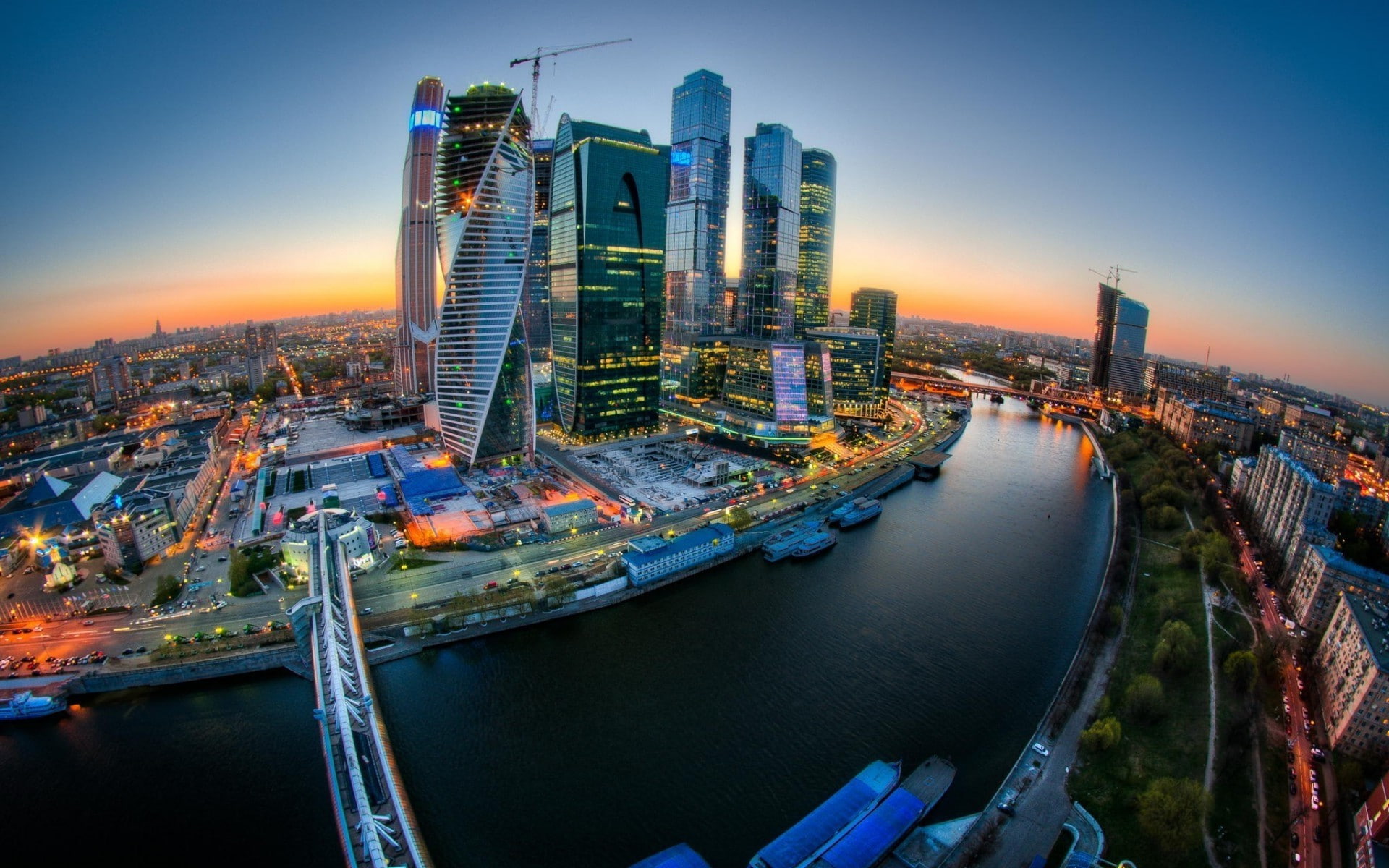 high angle view, tall - high, skyscraper, sky, built structure, city, office building exterior, sunset, illuminated, outdoors, water, transportation, building, HD Wallpaper