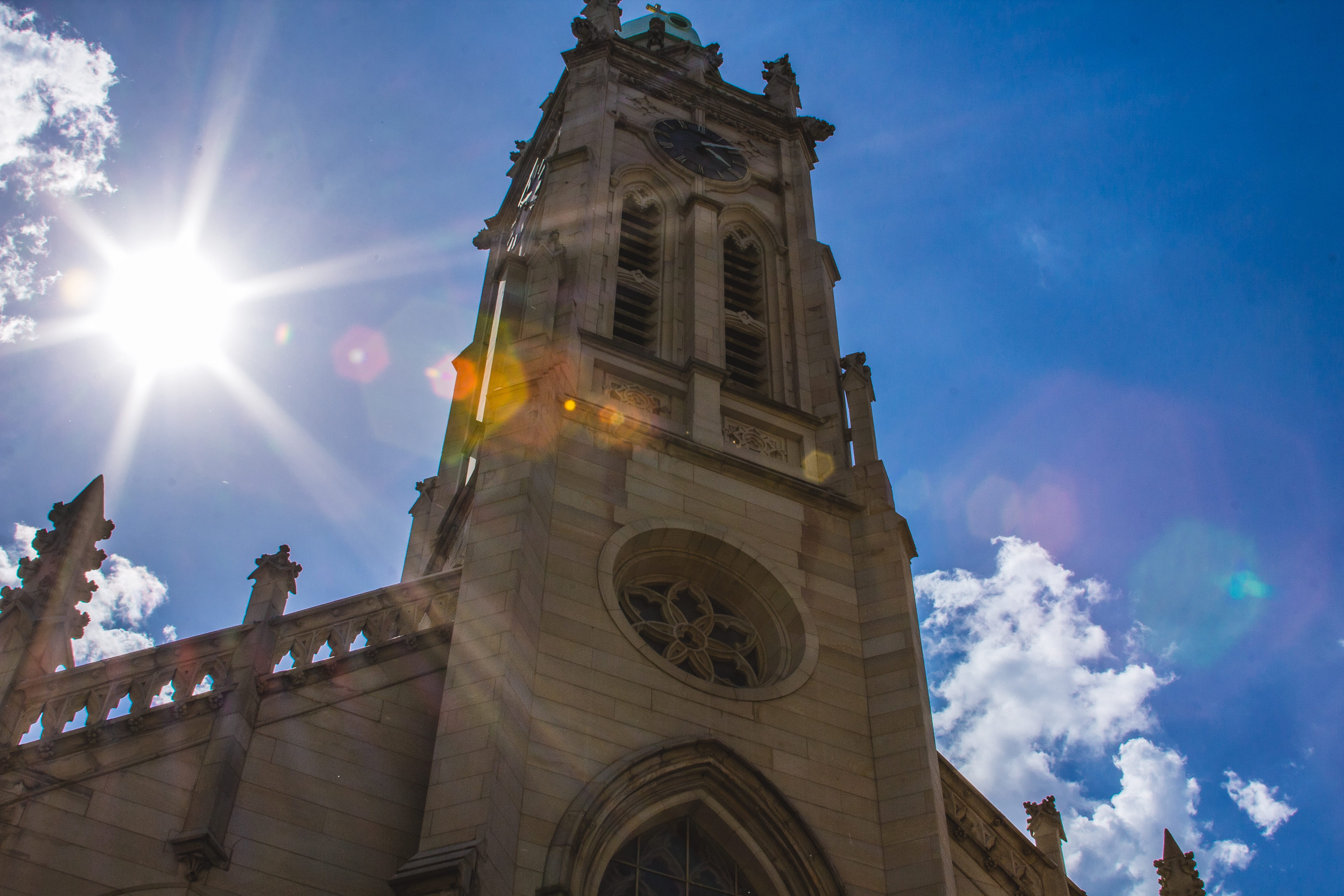 tower, religion, the past, lens flare, no people, 5K, history, nature, sun, united states, built structure, place of worship, cincinnati, cloud - sky, HD Wallpaper