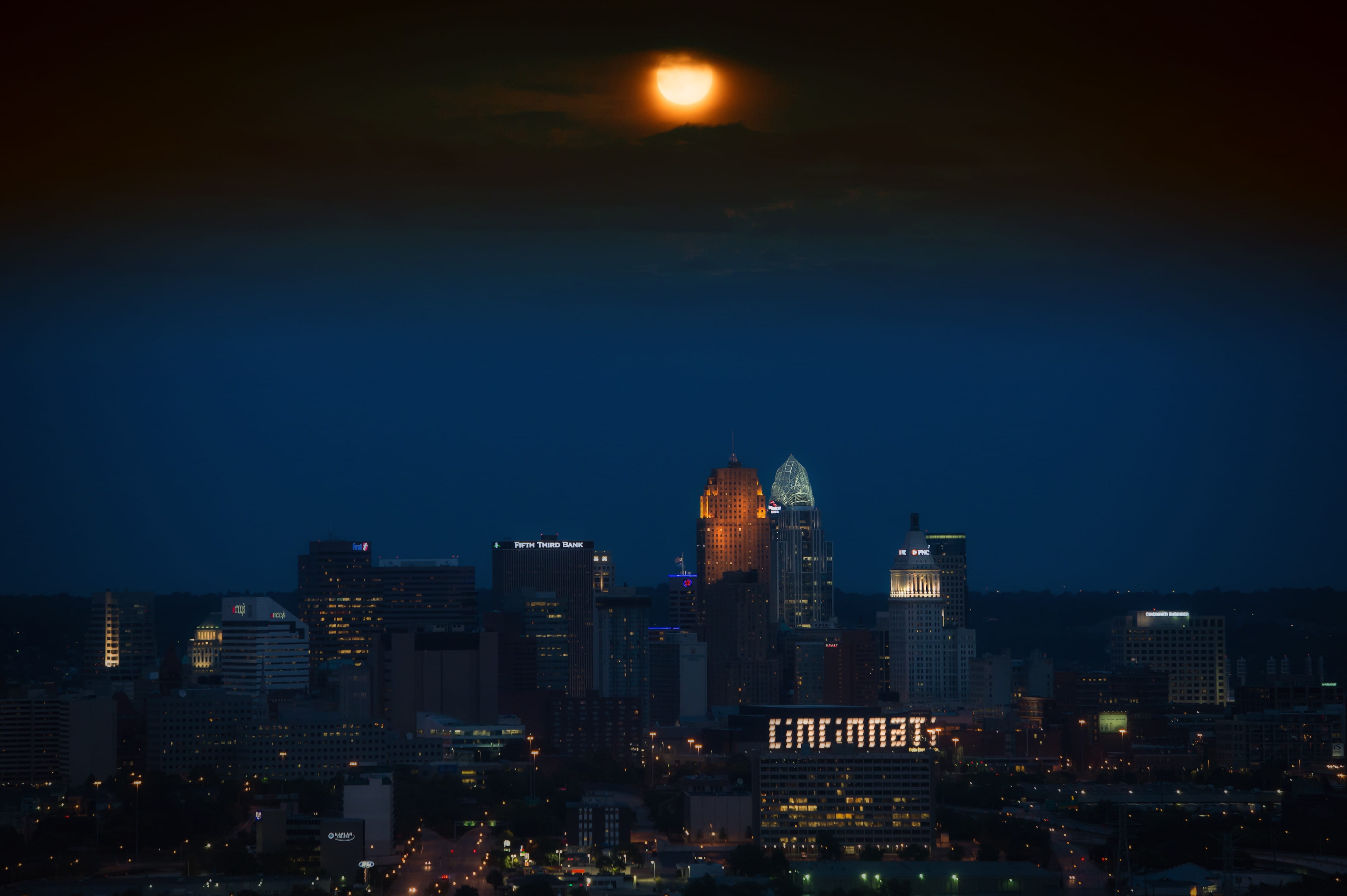 architecture, nature, outdoors, travel destinations, cityscape, office building exterior, sky, full moon, built structure, lights, night, night time, landscape, HD Wallpaper