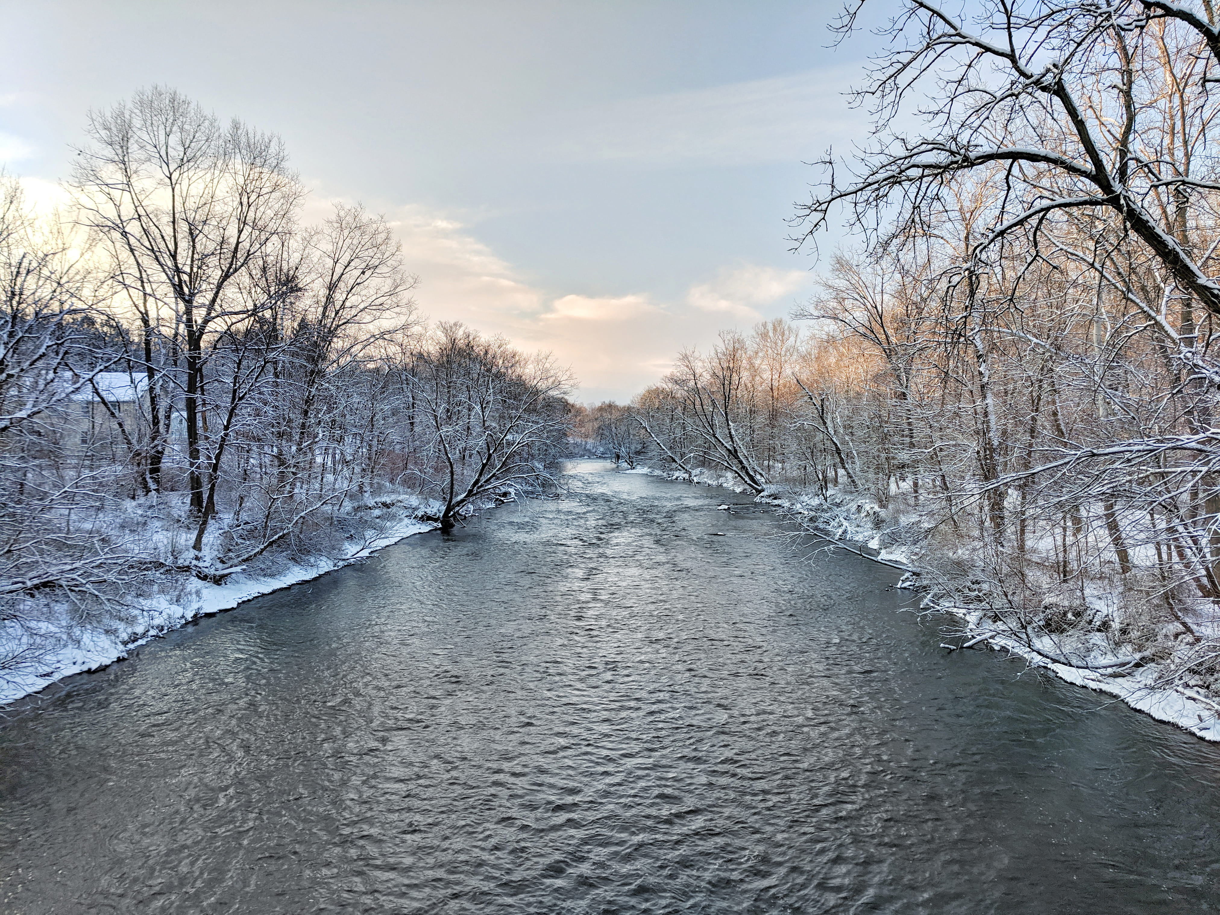 outdoors, bare tree, ice, nature, snow, river, flowing water, landscape, diminishing perspective, sinow, tranquility, scenics - nature, tranquil scene, HD Wallpaper