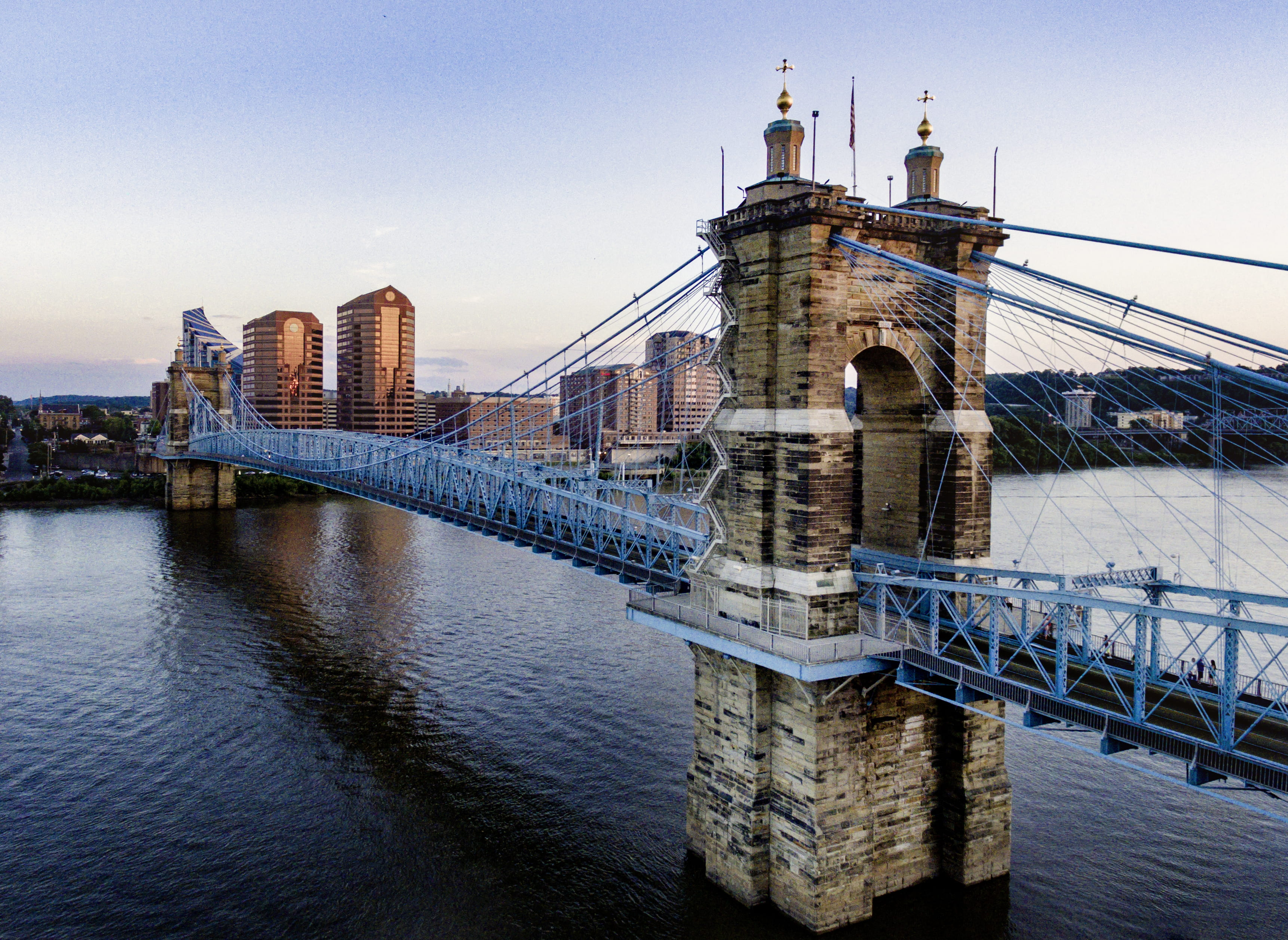 office building exterior, ohio, built structure, 2K, tower, outdoors, sunset, bridge - man made structure, nature, cable-stayed bridge, cloud, modern, HD Wallpaper