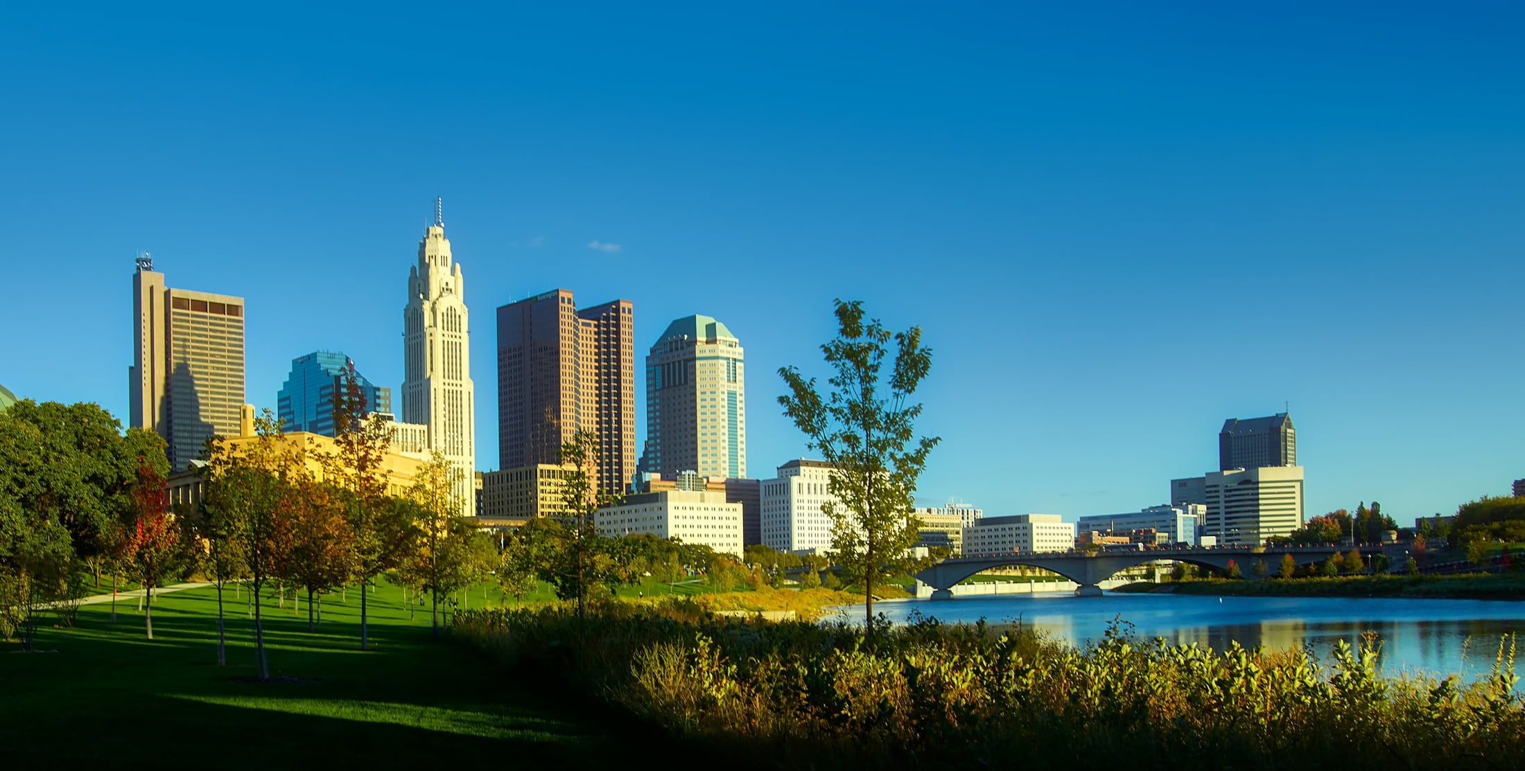 blue, skyline, clear sky, buildings, historic, sky, panorama, nature, plant, residential district, architecture, outdoors, city life, skyscrapers, 1080P, HD Wallpaper