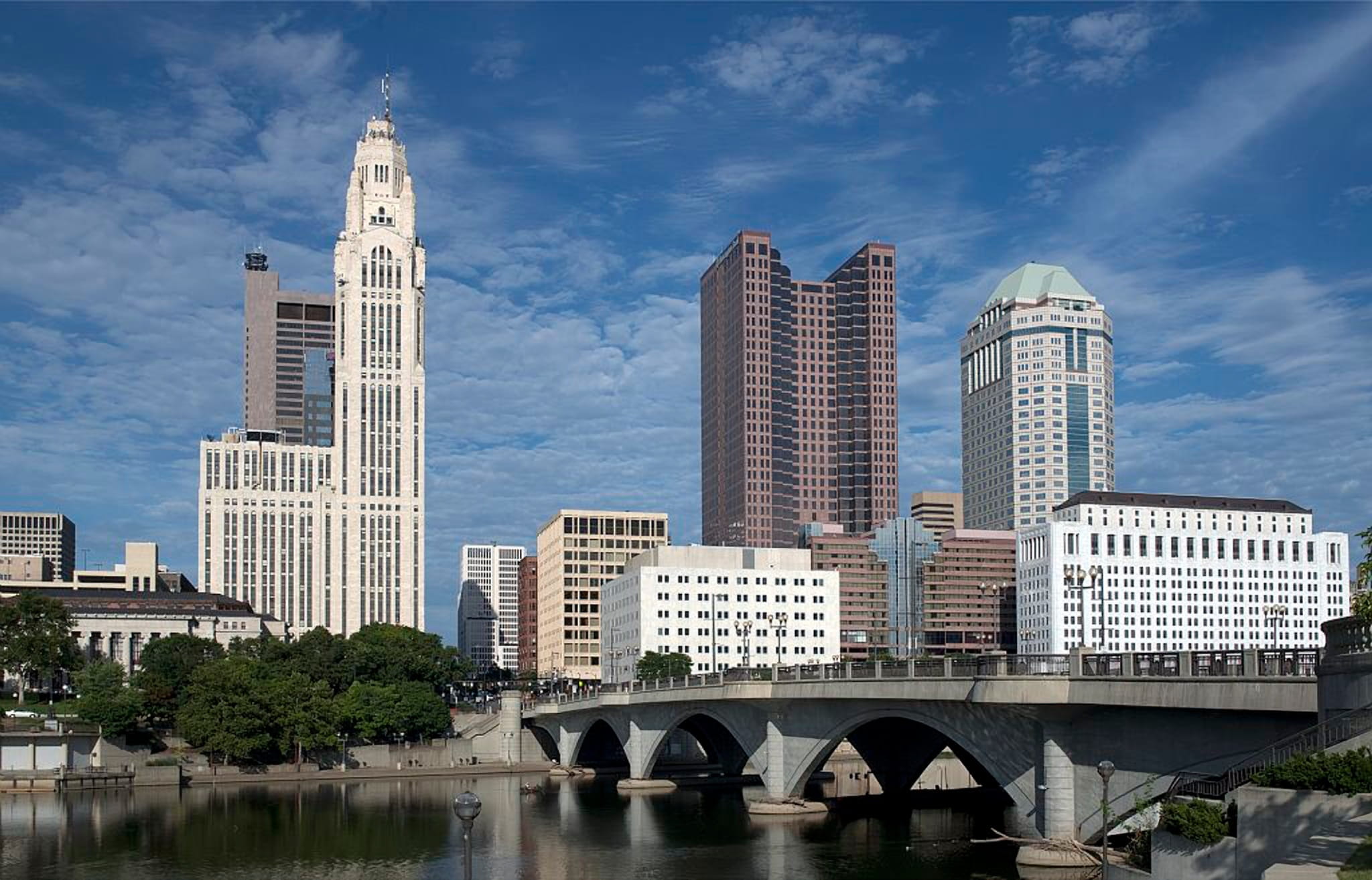Skyline, modern, 1080P, urban Skyline, city, famous Place, rise, connection, office building exterior, building Exterior, urban Scene, arch bridge, buildings, HD Wallpaper
