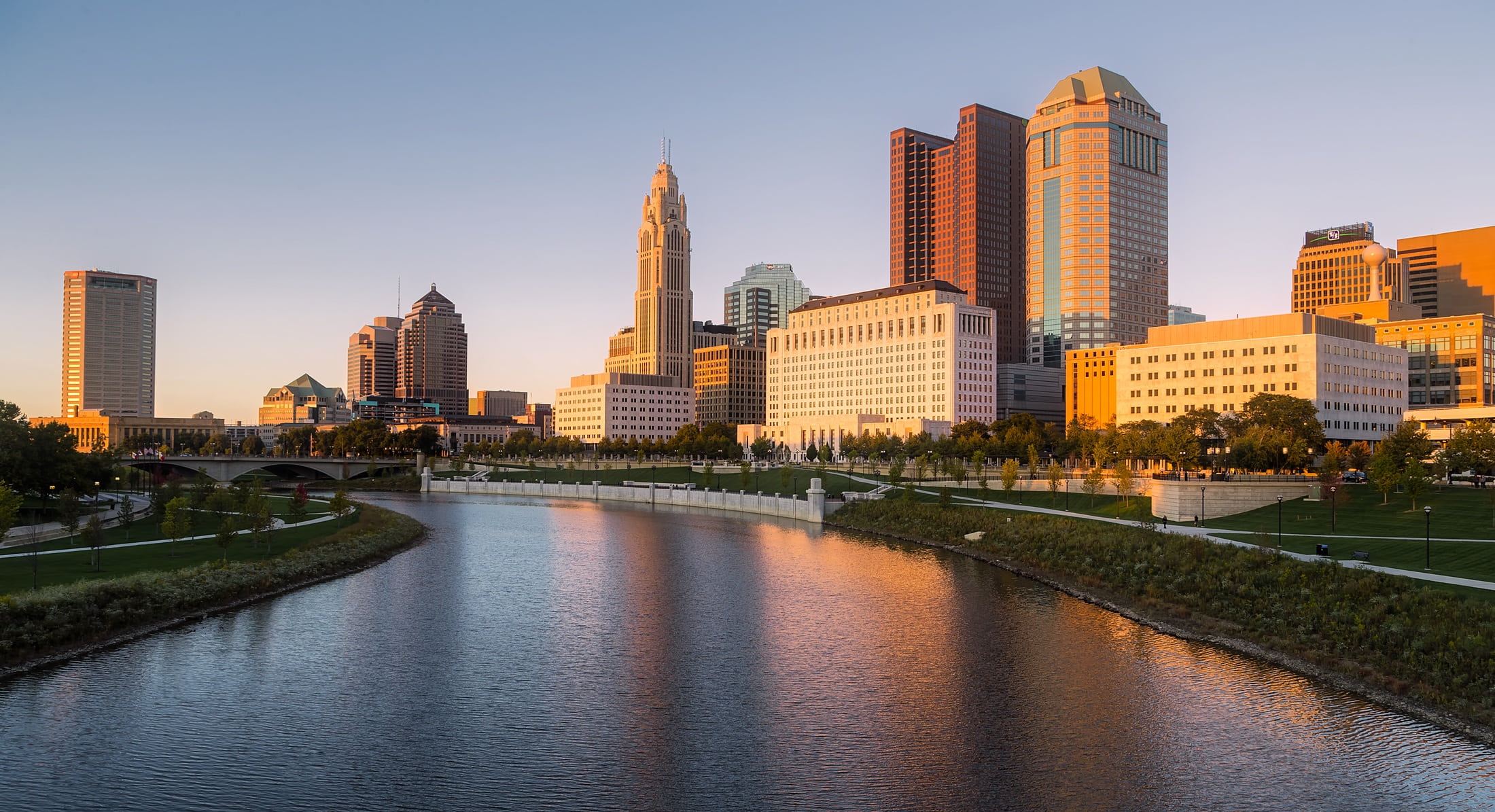 laveque tower, scioto river, daytime, body, columbus, sky, travel destinations, reflections, building exterior, skyscraper, skyline, hdr, skyscrapers, architecture, HD Wallpaper