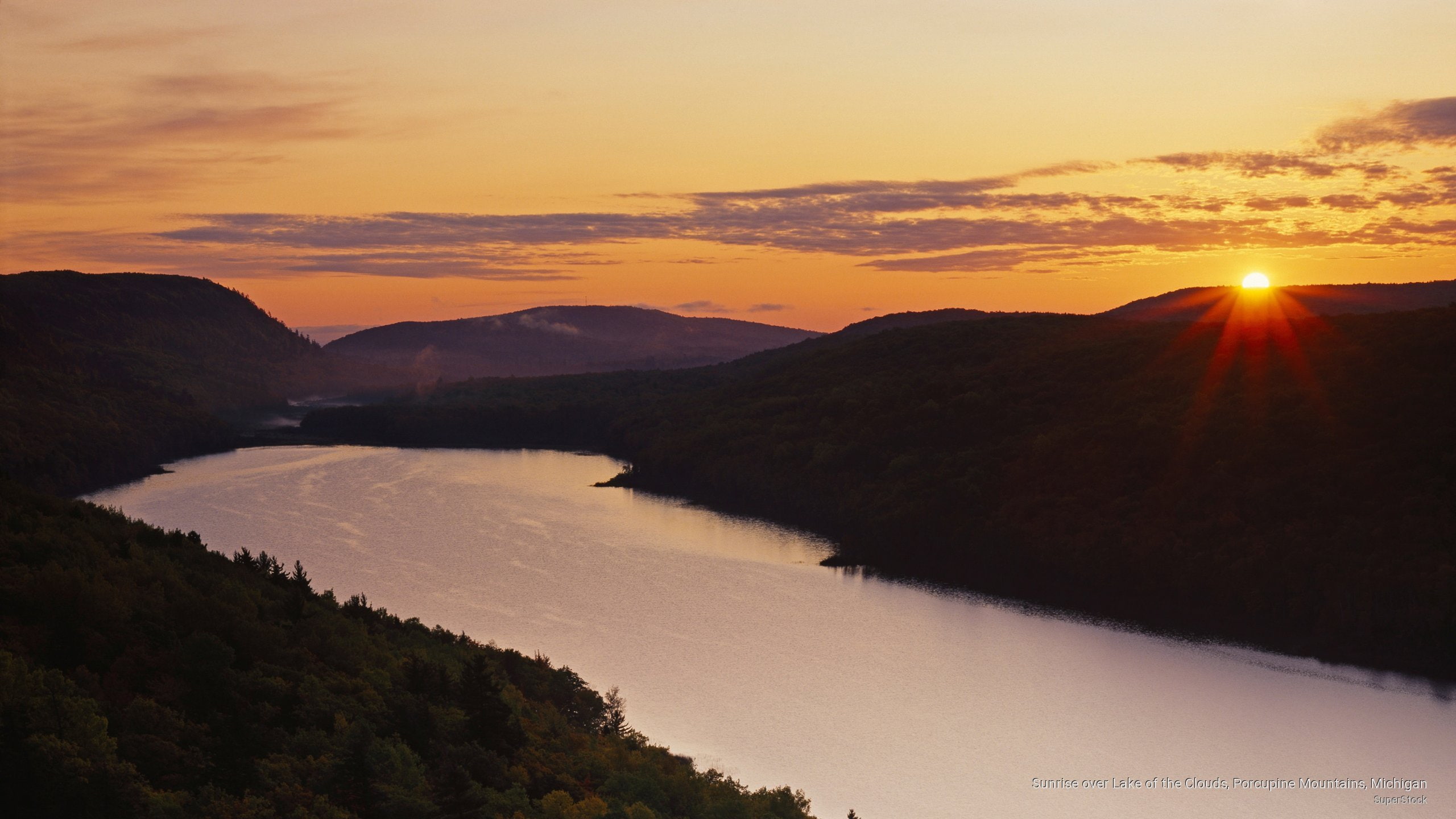 lake, clouds, Sunrises/Sunsets, mountains, porcupine, michigan, 2K, sunrise, HD Wallpaper