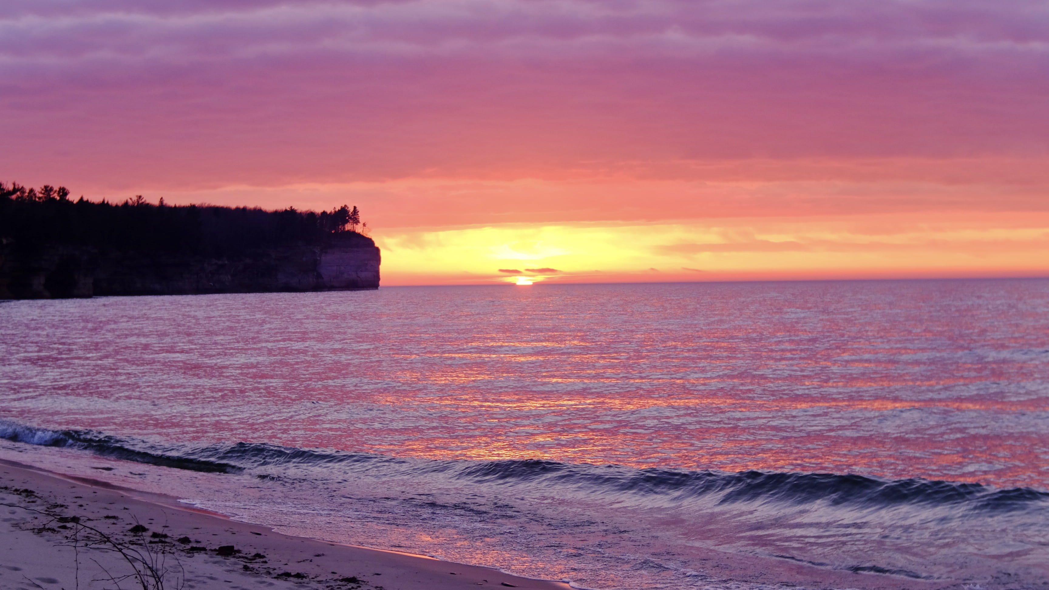 sunset, sea, idyllic, horizon, outdoors, orange color, lake, sky, cloud - sky, no people, sun, water, 2K, nature, pictured rocks national lakeshore, munising, HD Wallpaper