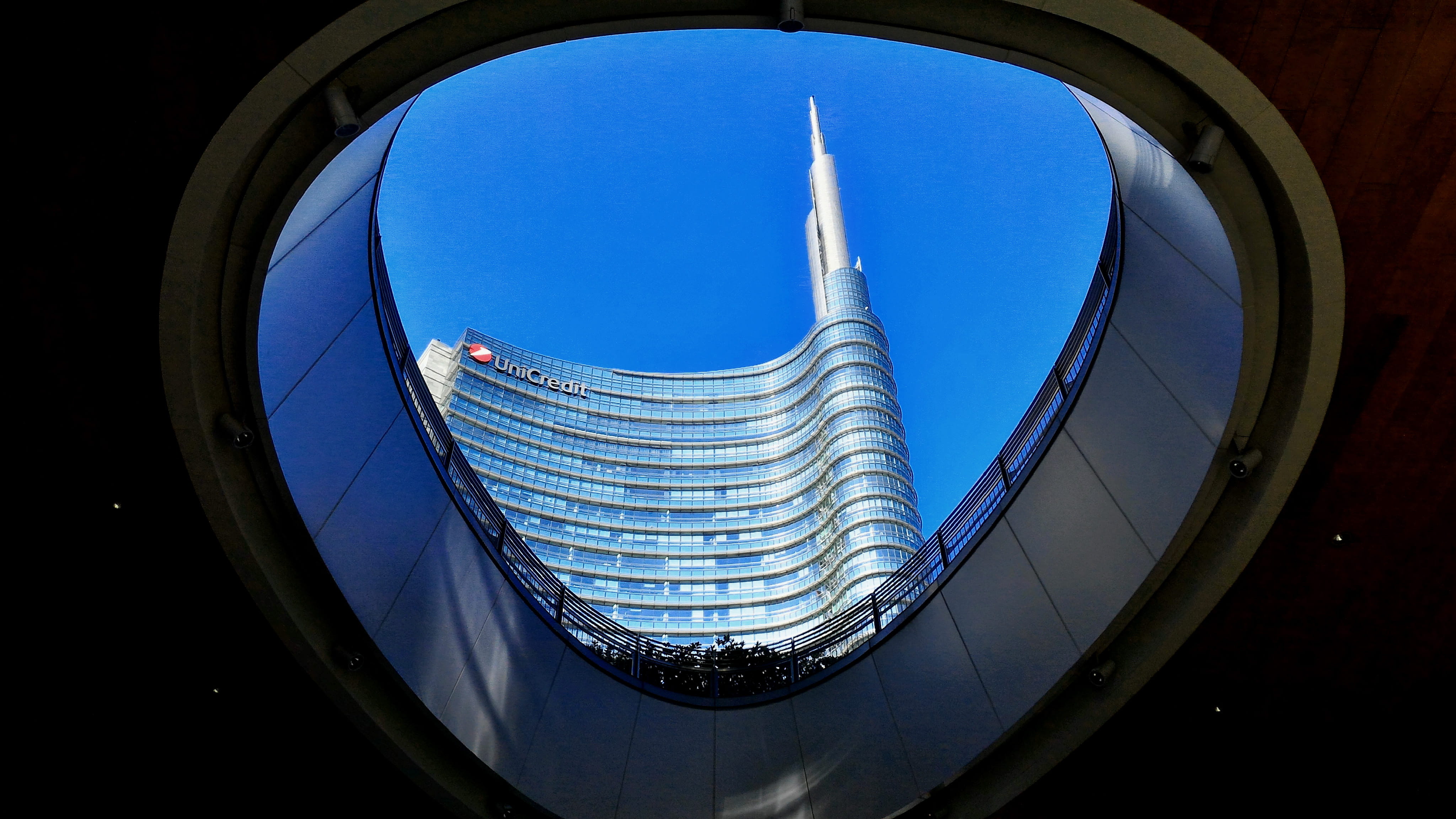 city, no people, circle, pattern, cityscape, geometric shape, directly below, outdoors, skyscraper, clear sky, low angle view, building exterior, architecture, HD Wallpaper