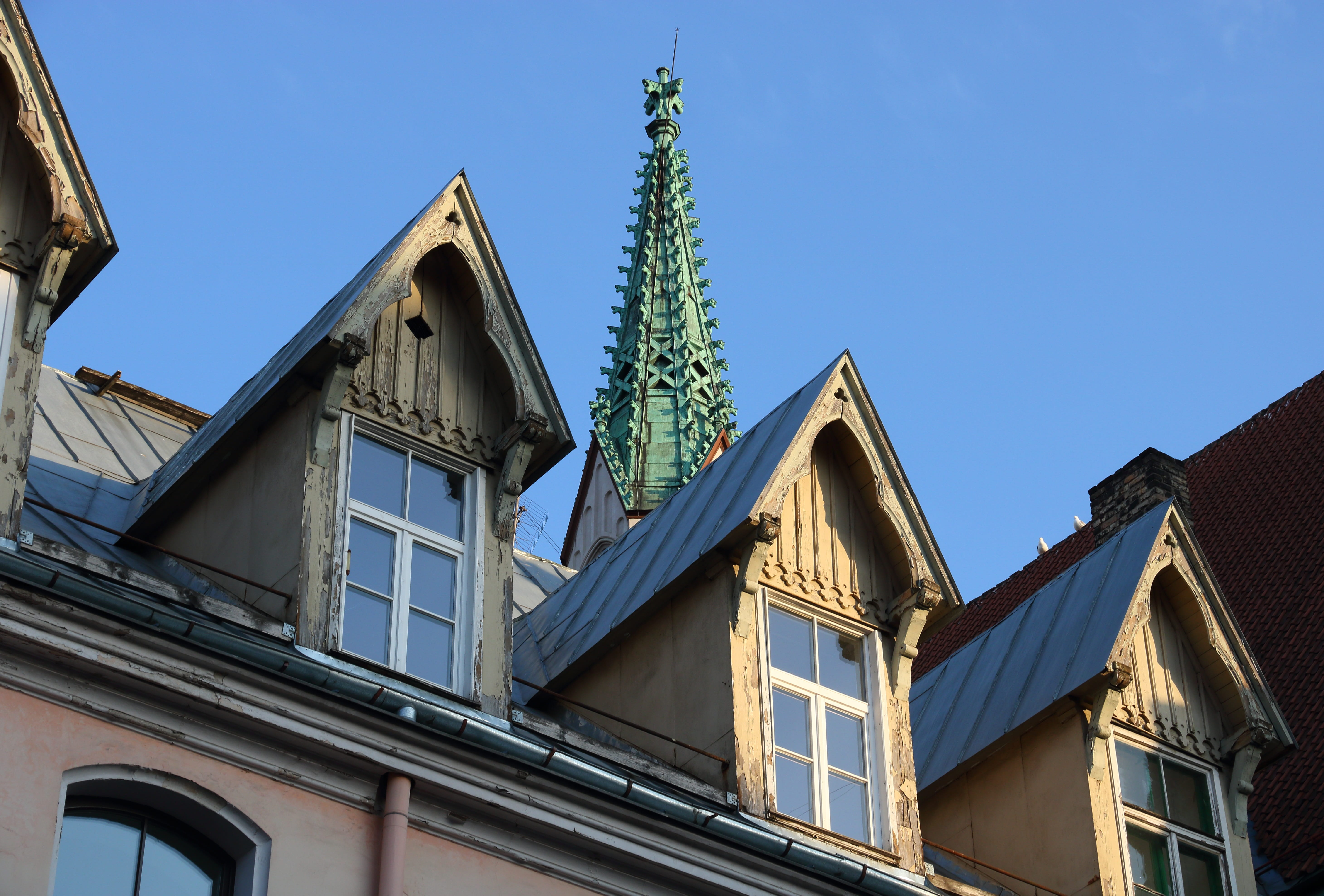 window, residential district, plant, 5K, blue, facade, historically, ornamental, riga, urban, building, day, house, architecture, city, church, clear sky, HD Wallpaper
