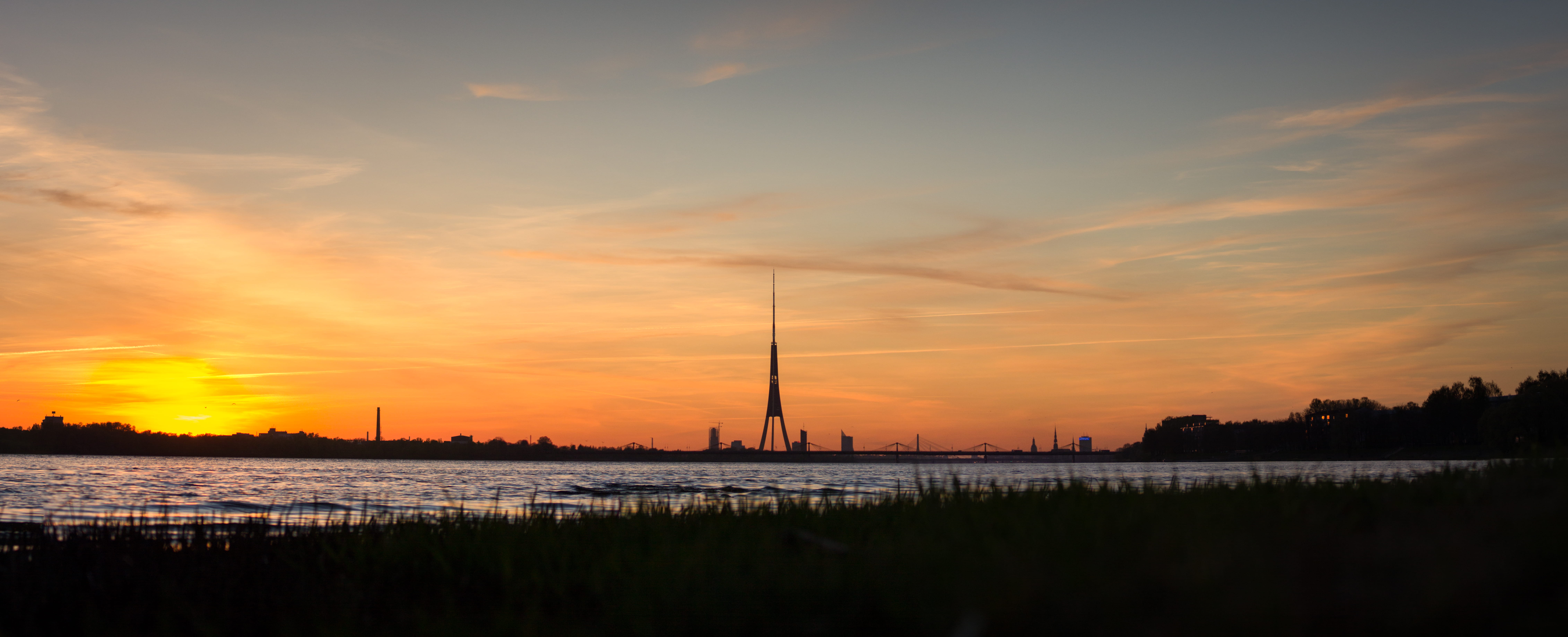 sunset, power supply, beauty in nature, steeple, red sky, tranquil scene, dusk, rīga, boat, water, scenics - nature, dawn, nature, sky, landscape, sunrise, HD Wallpaper