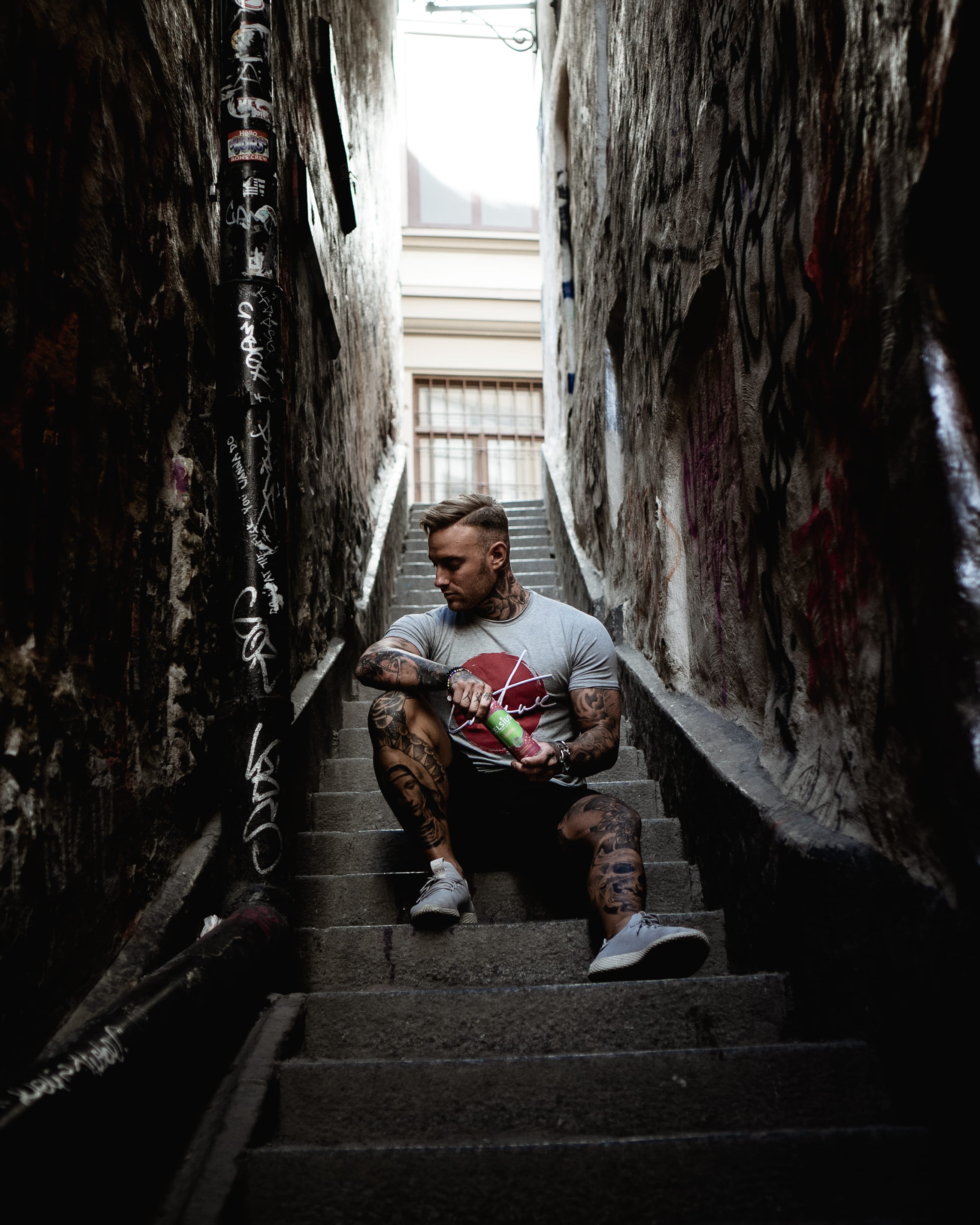 tattoo, pathway, casual clothing, inked, one person, ink, stairs, neck tattoo, full length, wall - building feature, men, front view, leisure activity, Phone HD Wallpaper