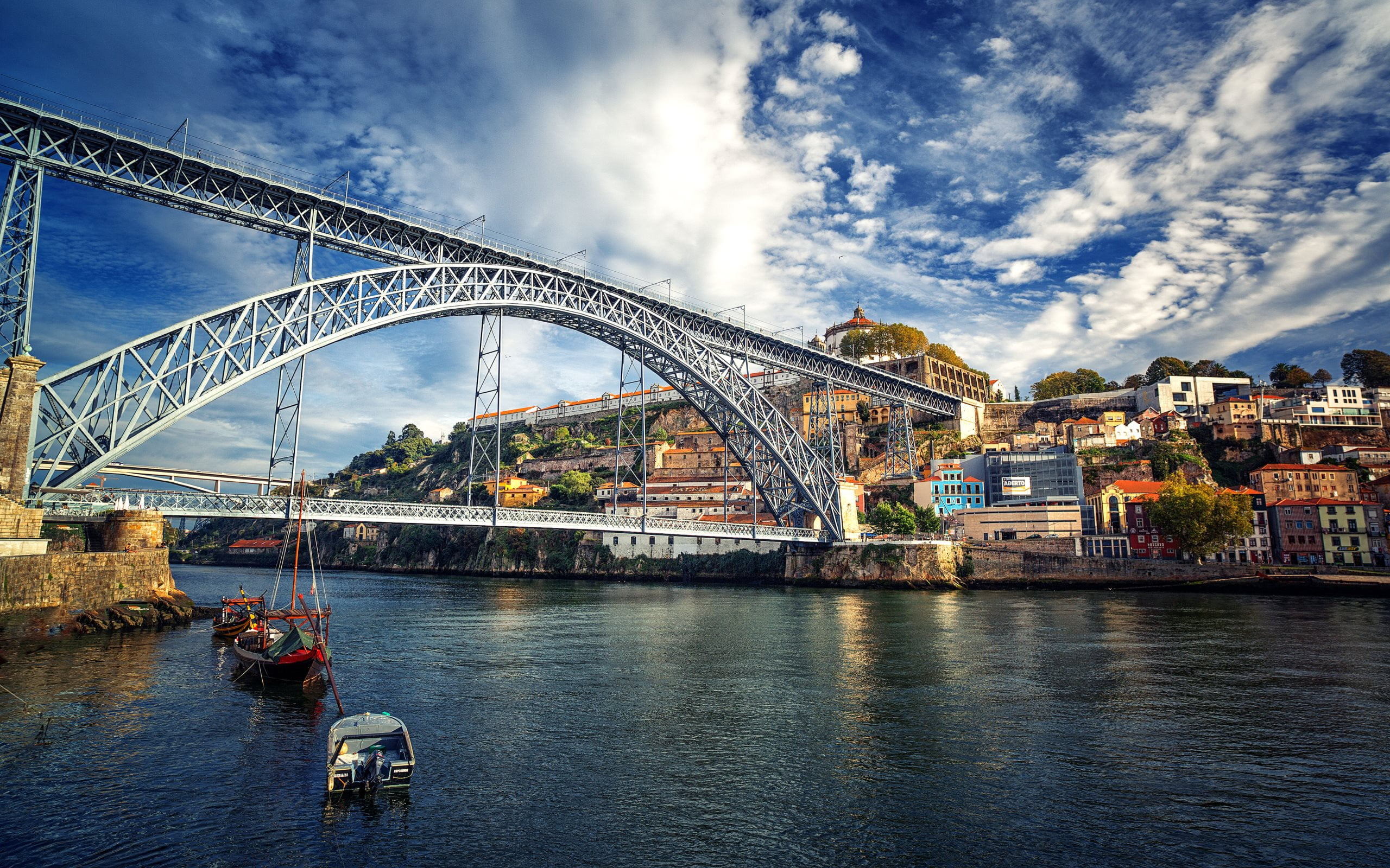 clouds, Port, trees, Portugal, boats, the sky, home, the Douro river, 2K, Dom Luis I bridge, HD Wallpaper