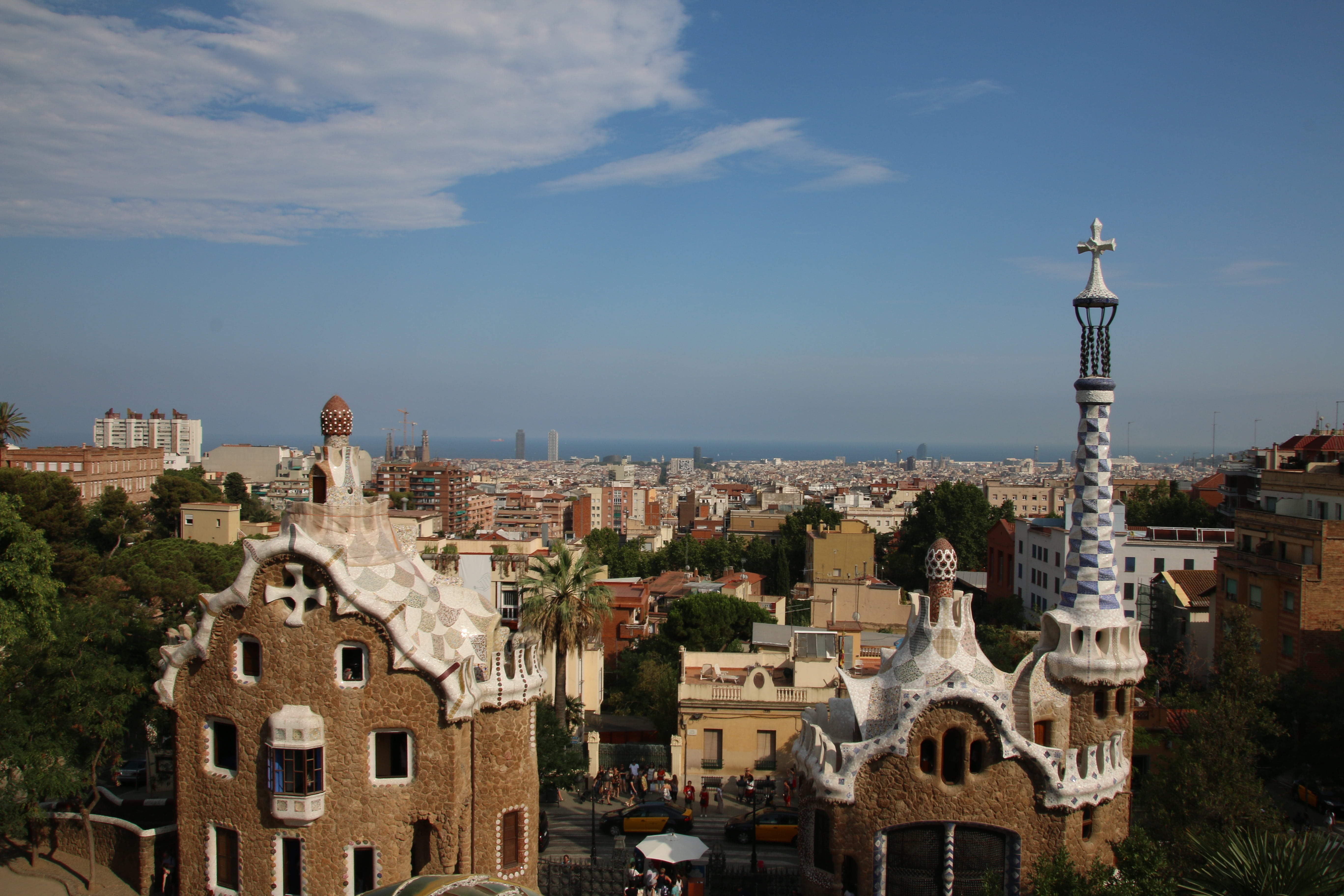 town, catalan, blue, history, spirituality, building, building exterior, cloud - sky, belief, sky, gaudí, houses, religion, cityscape, nature, outdoors, HD Wallpaper