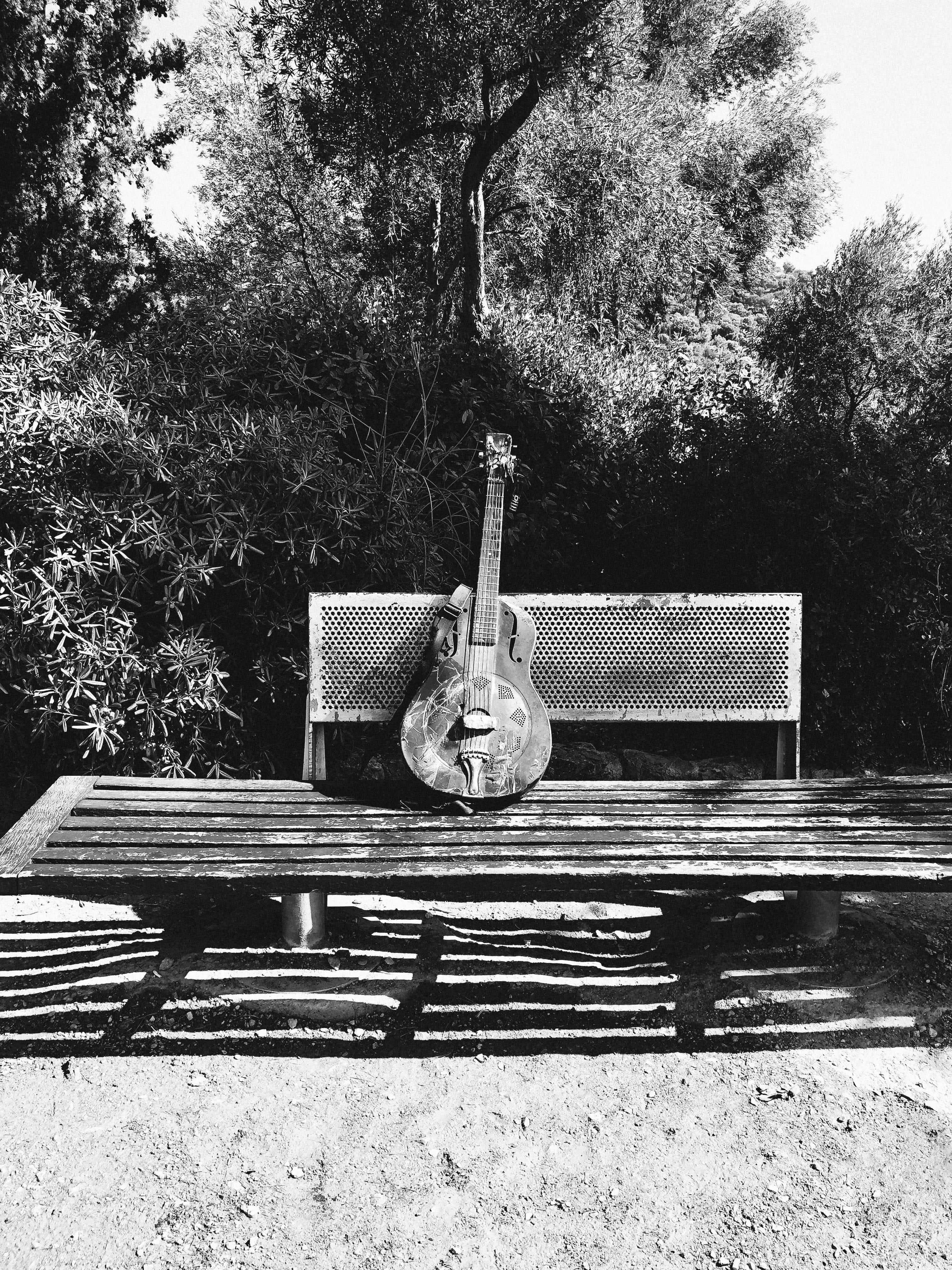 musician, sunlight, bench, musical instrument, spain, soul, object, instrument, bass, growth, string instrument, black and white, jazz, guitar, plant, old guitar, Phone HD Wallpaper