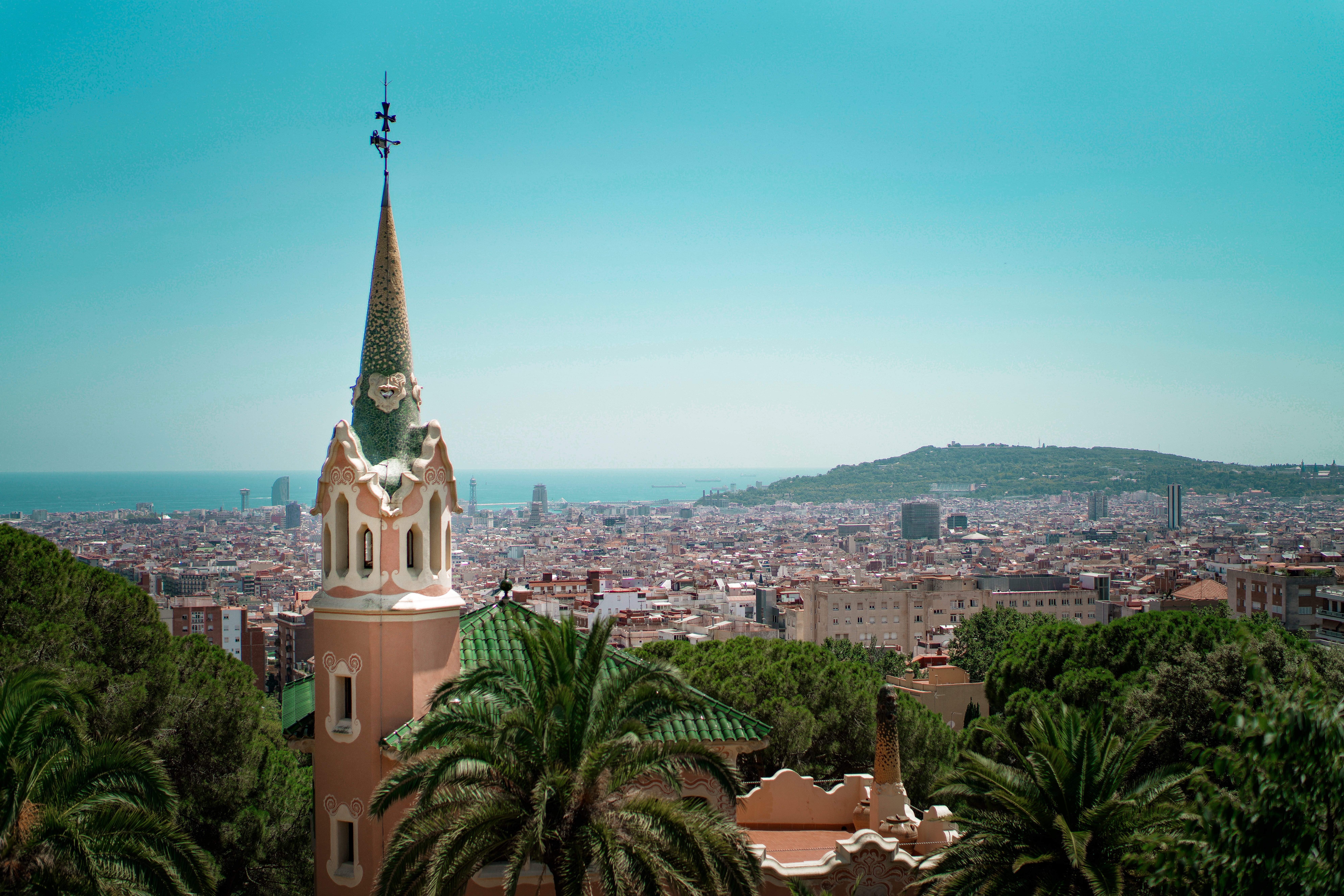spire, houses, park güell, belief, cityscape, old house, spirituality, building exterior, no people, trees, outdoors, residential district, park guell, HD Wallpaper