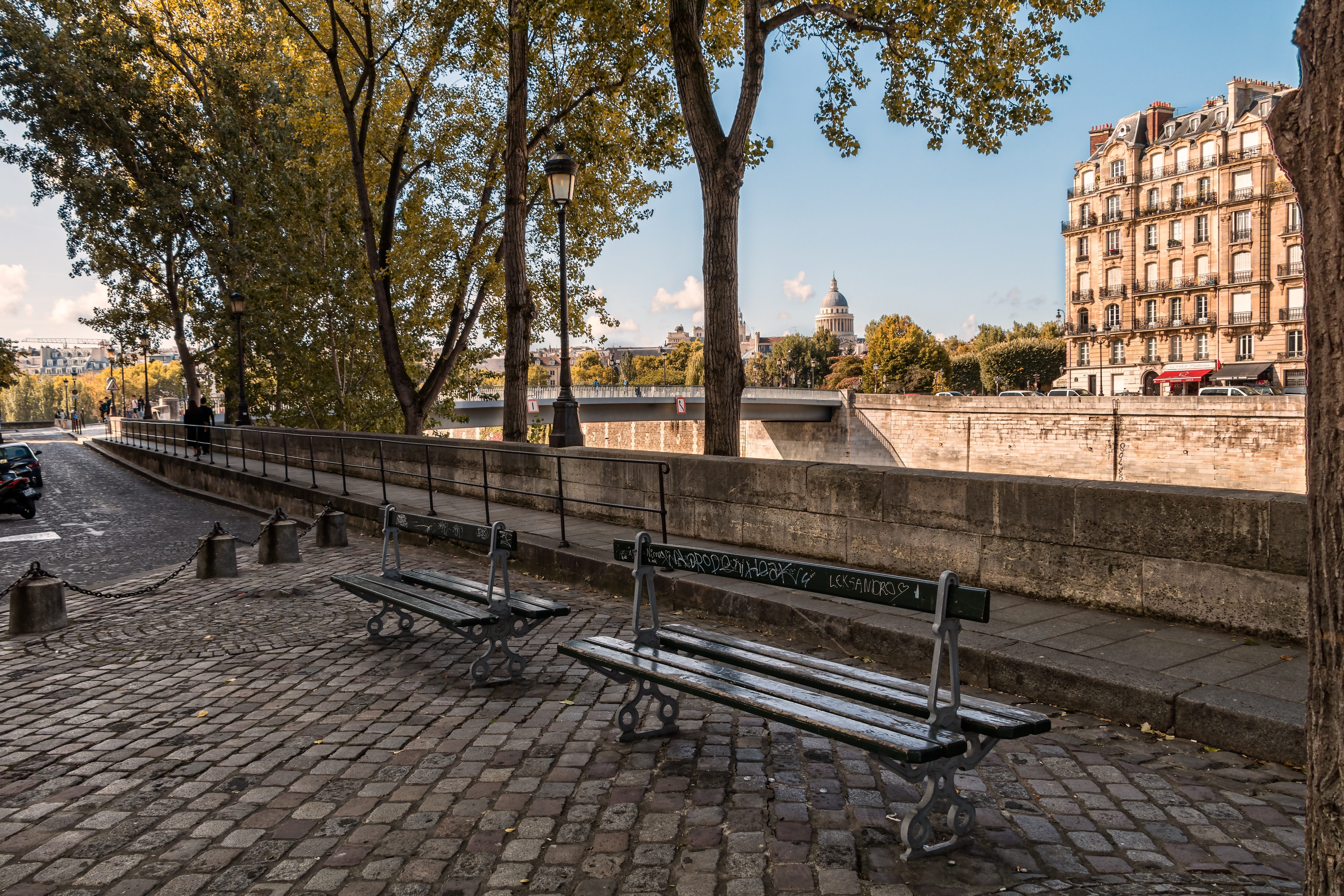 bench, railing, tourism, stone, sky, plant, day, seine, paris, 5K, tree, park, city, footpath, cobblestone, france, outdoors, water, nature, built structure, HD Wallpaper