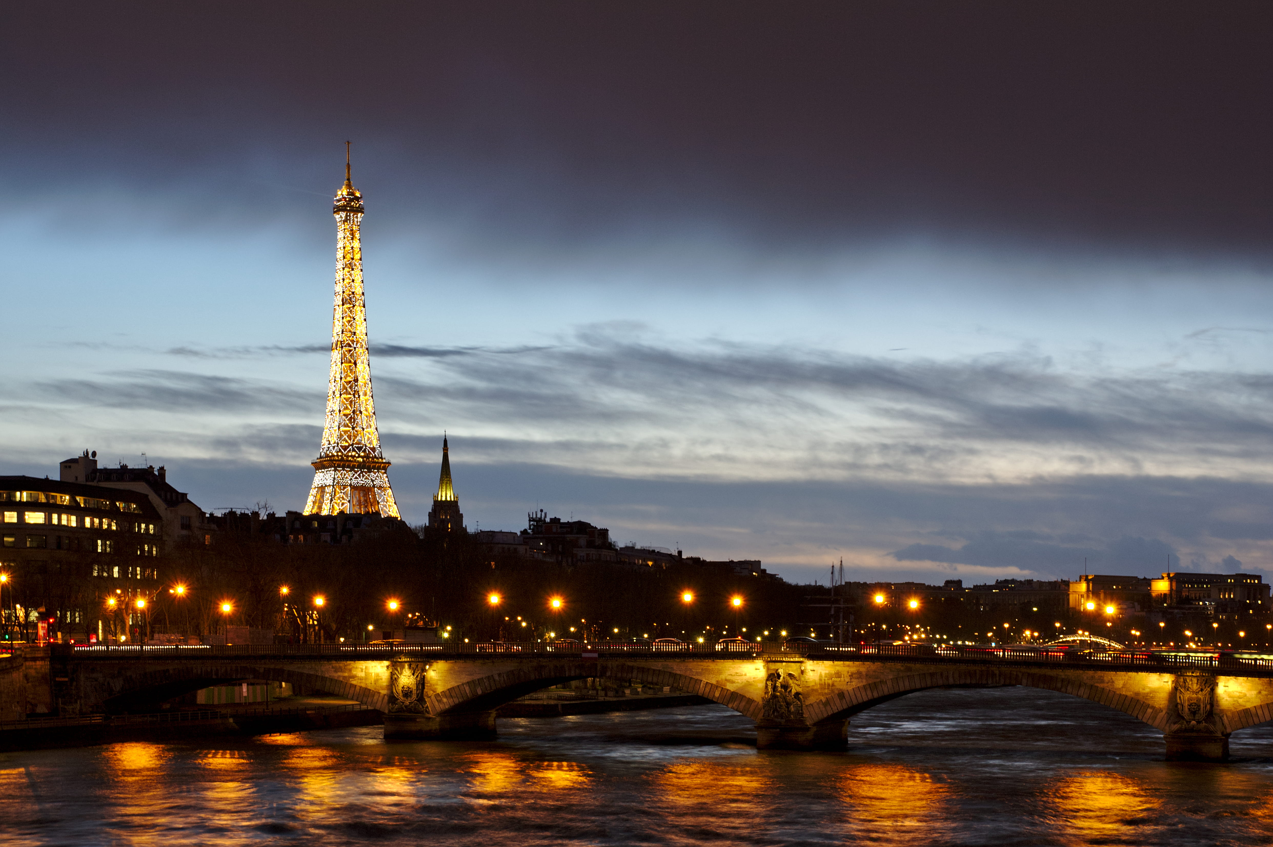 travel destinations, river, pont alexandre iii, architecture, tower, water, city, cloud - sky, history, built structure, no people, france, sein, 4K, sky, HD Wallpaper