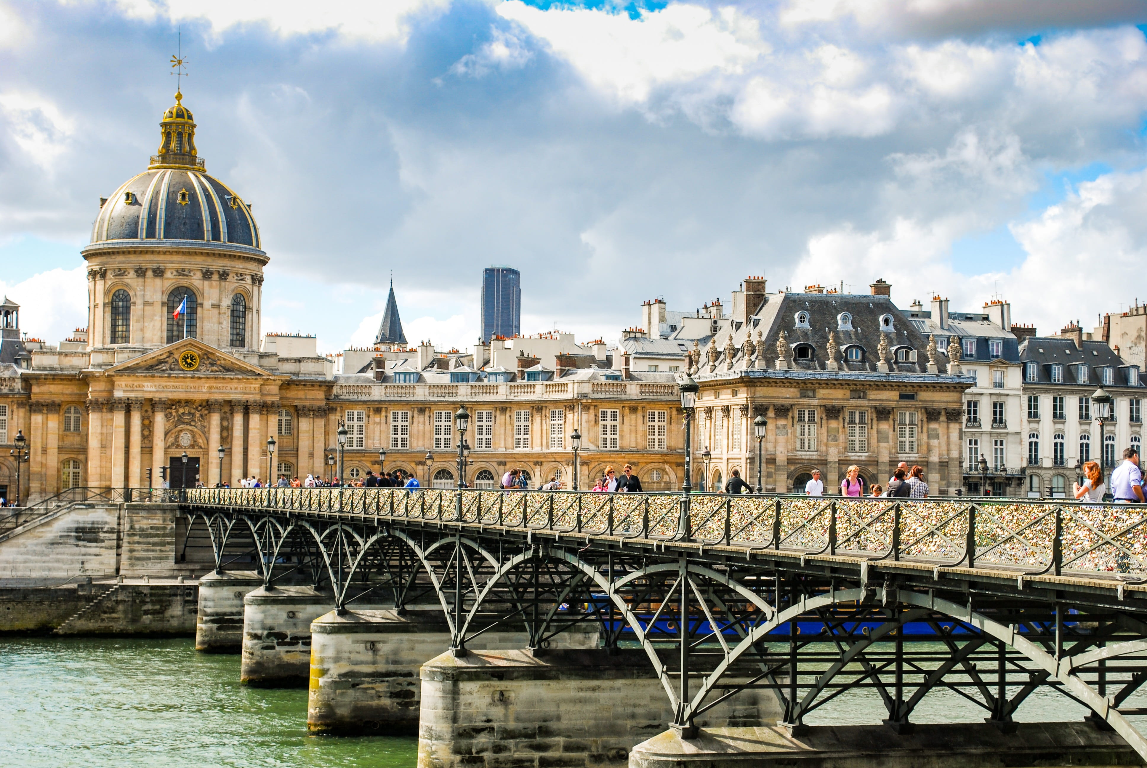 built structure, bridge - man made structure, bridge, travel, connection, minaret, tourism, france, cloud - sky, 4K, river, water, architecture, transportation, HD Wallpaper