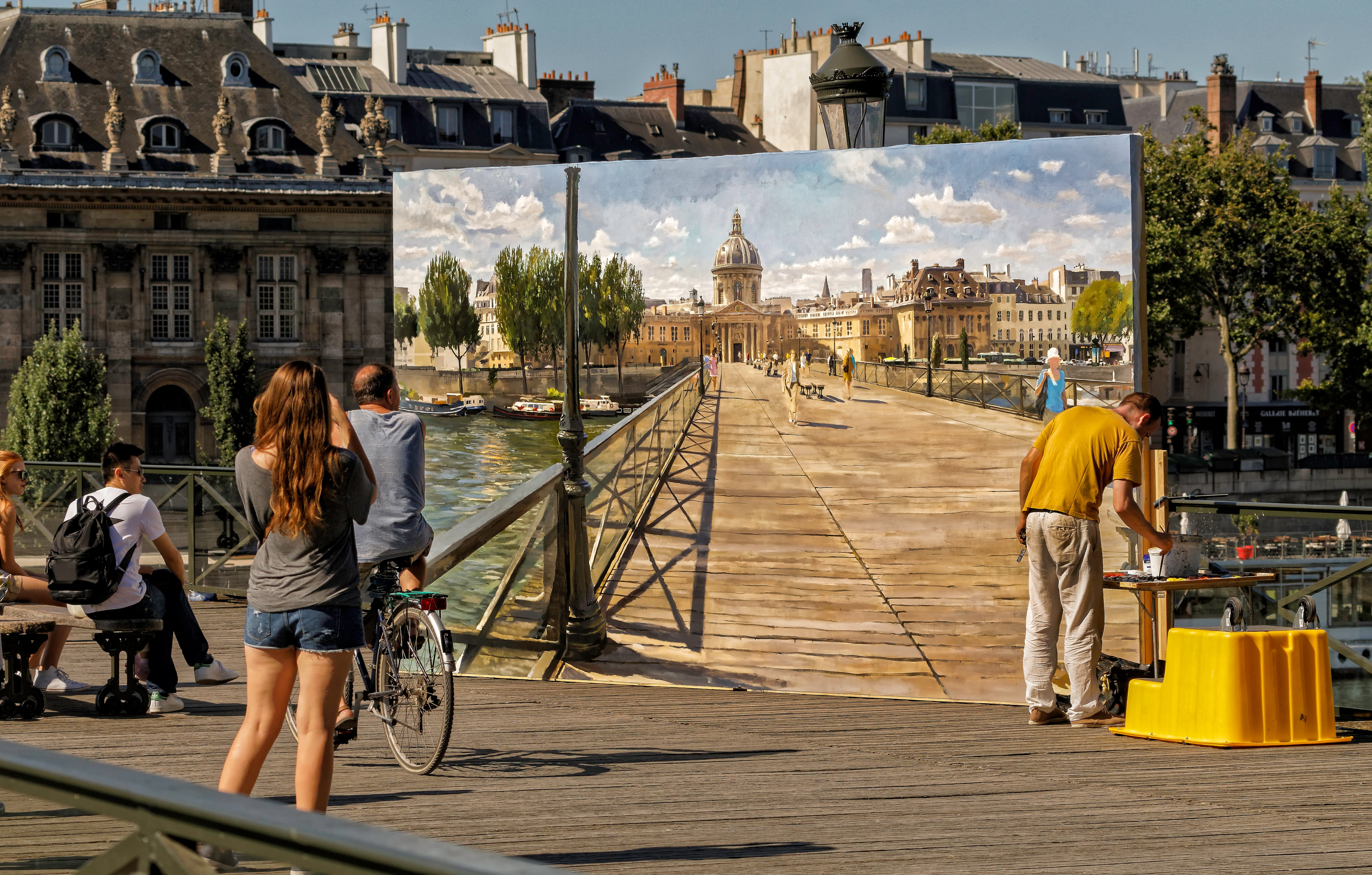 painting, lifestyles, men, group of people, paris, walking, standing, city, pont des arts, casual clothing, rear view, sunlight, building exterior, adult, HD Wallpaper