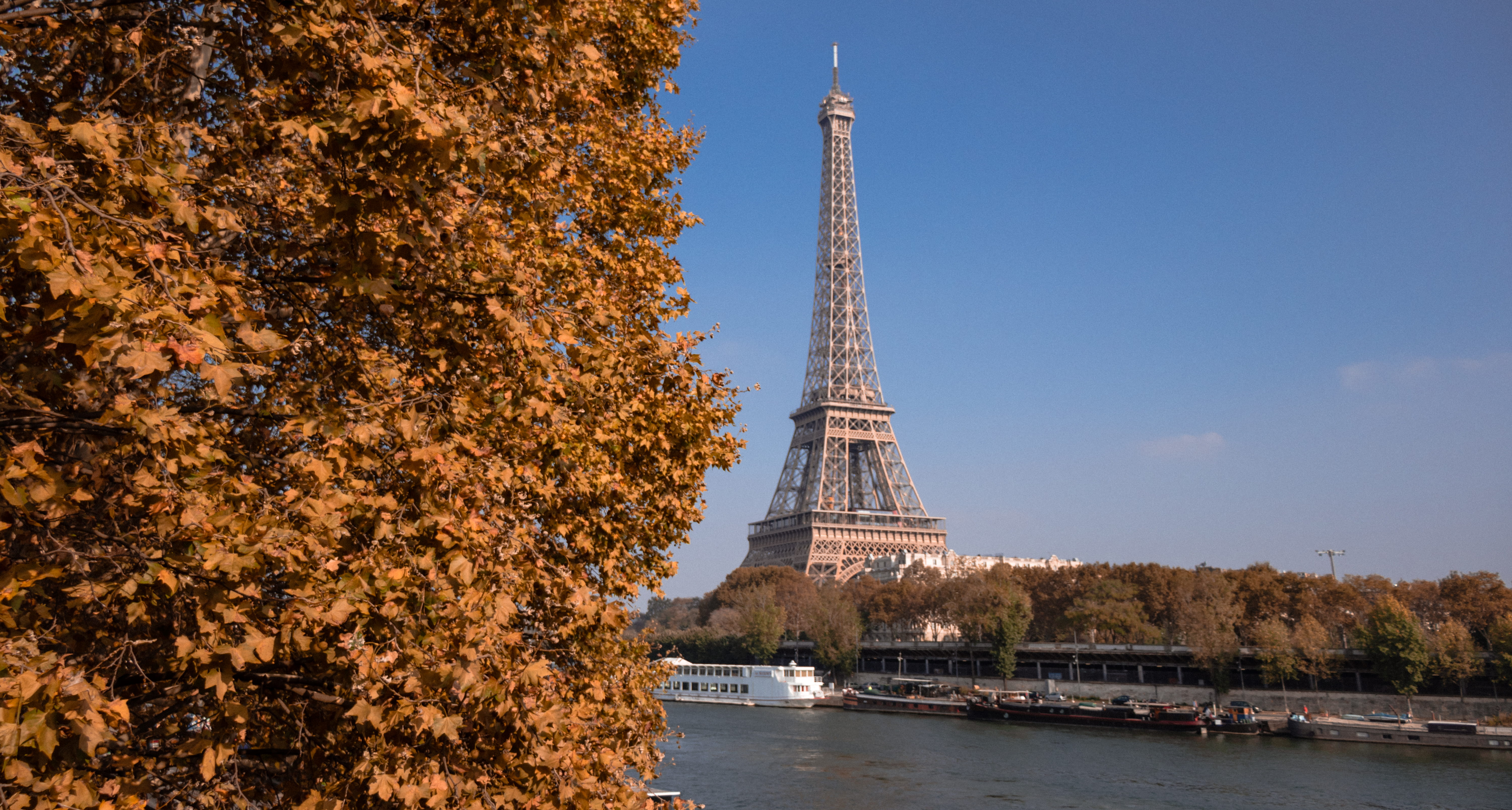 tower, travel, plant, leaves, paris, orange leaves, spire, blue, outdoors, nature, seine, france, no people, 4k, the past, blue sky, hd, HD Wallpaper