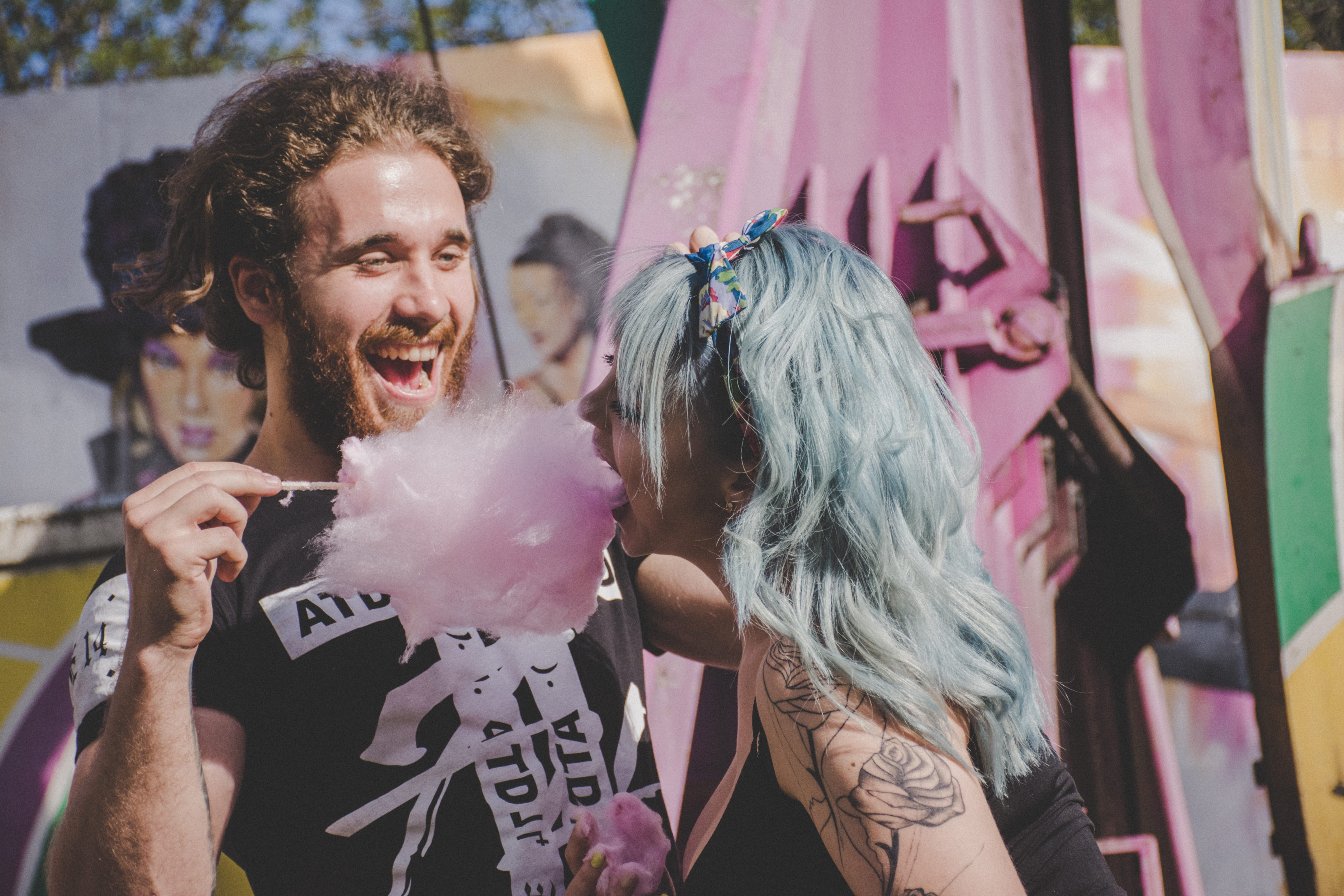 happy, 5K, tattoo, real people, candy, happiness, people, lifestyles, human, couple, sweet, togetherness, hairstyle, play, fun, hair, emotion, eat, adult, HD Wallpaper