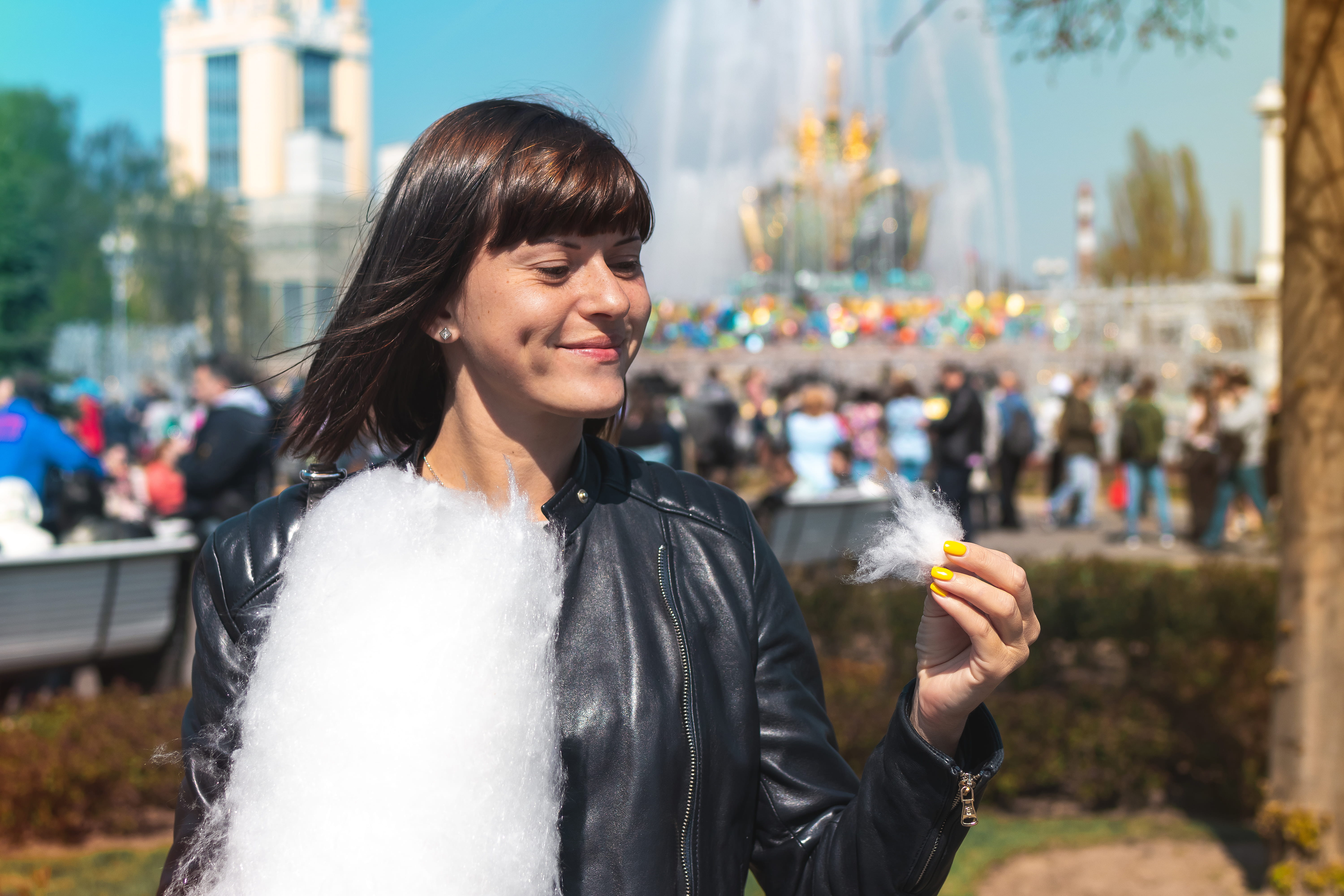 outdoors, facial expression, waist up, female, enjoy, lifestyles, Cotton candy, beautiful, happiness, cute, happy, standing, candy, real people, wear, attractive, HD Wallpaper