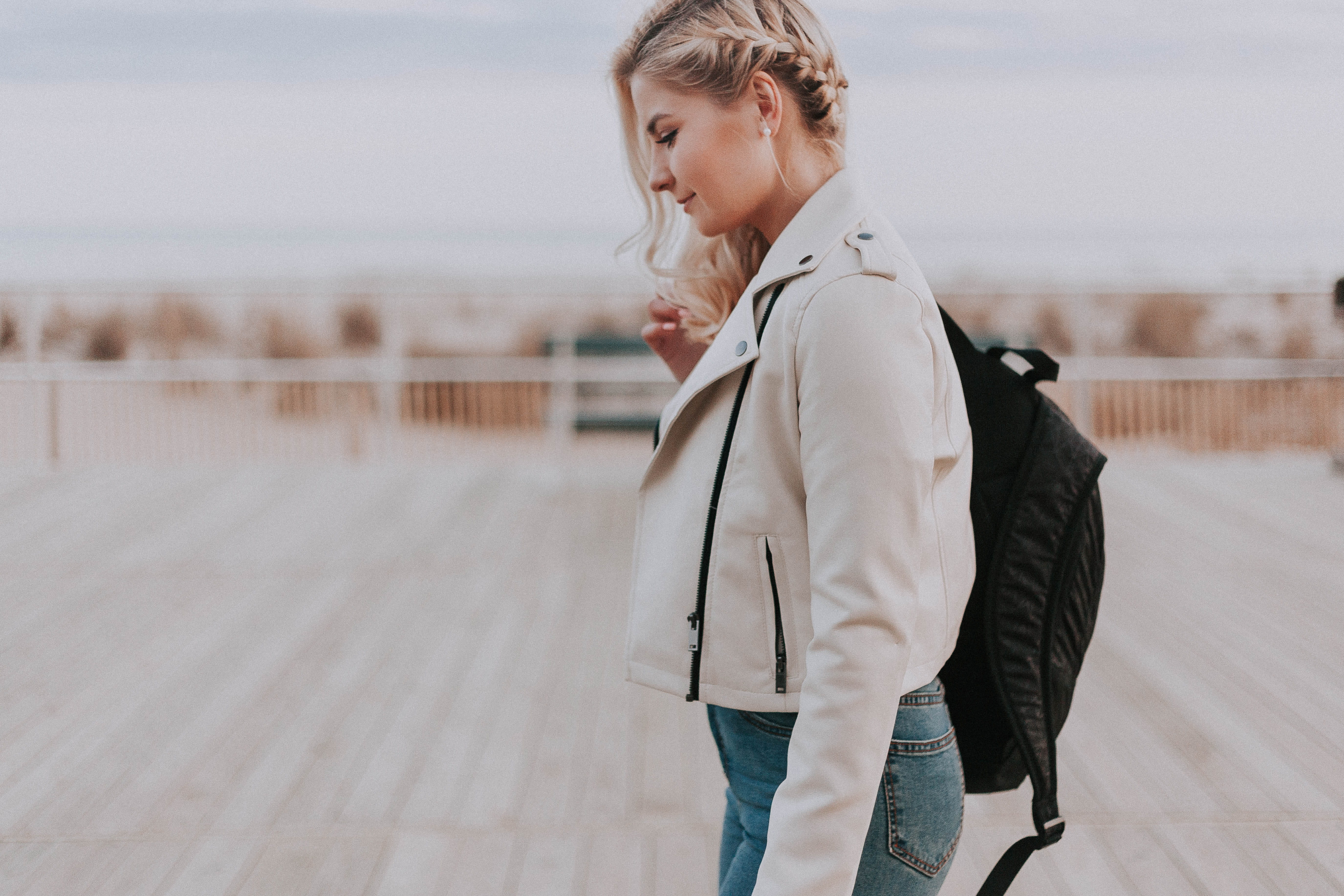 land, beautiful woman, one person, fun, beach, nice, fashion, traveling, wear, portrait, person, shore, outdoors, denim, girl, standing, adorable, side view, HD Wallpaper
