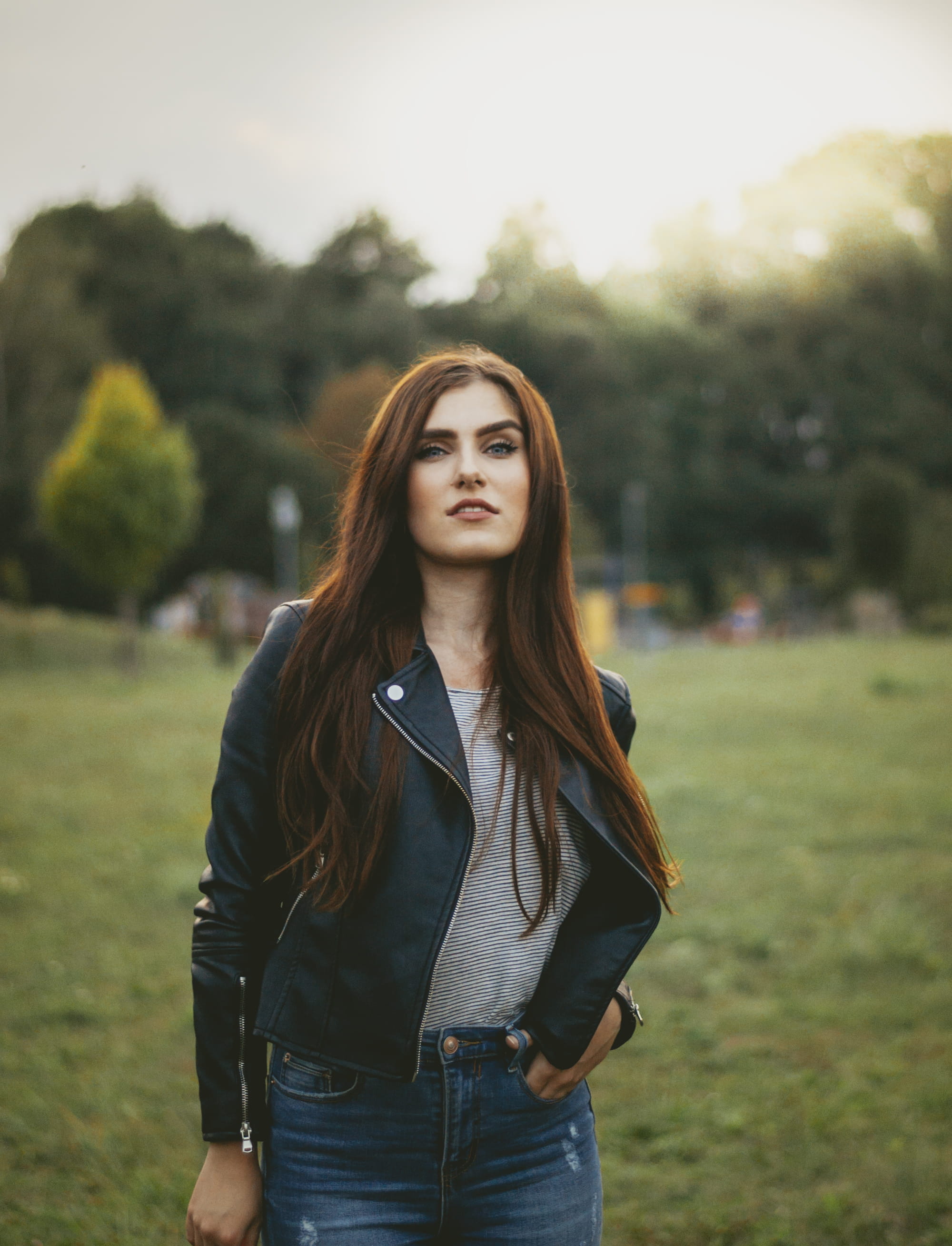 denim, model, lifestyles, pocket, leather jacket, clothing, real people, portrait, woman, hair, thought, 2K, girl, female, daytime, teenager, focus on foreground, Phone HD Wallpaper