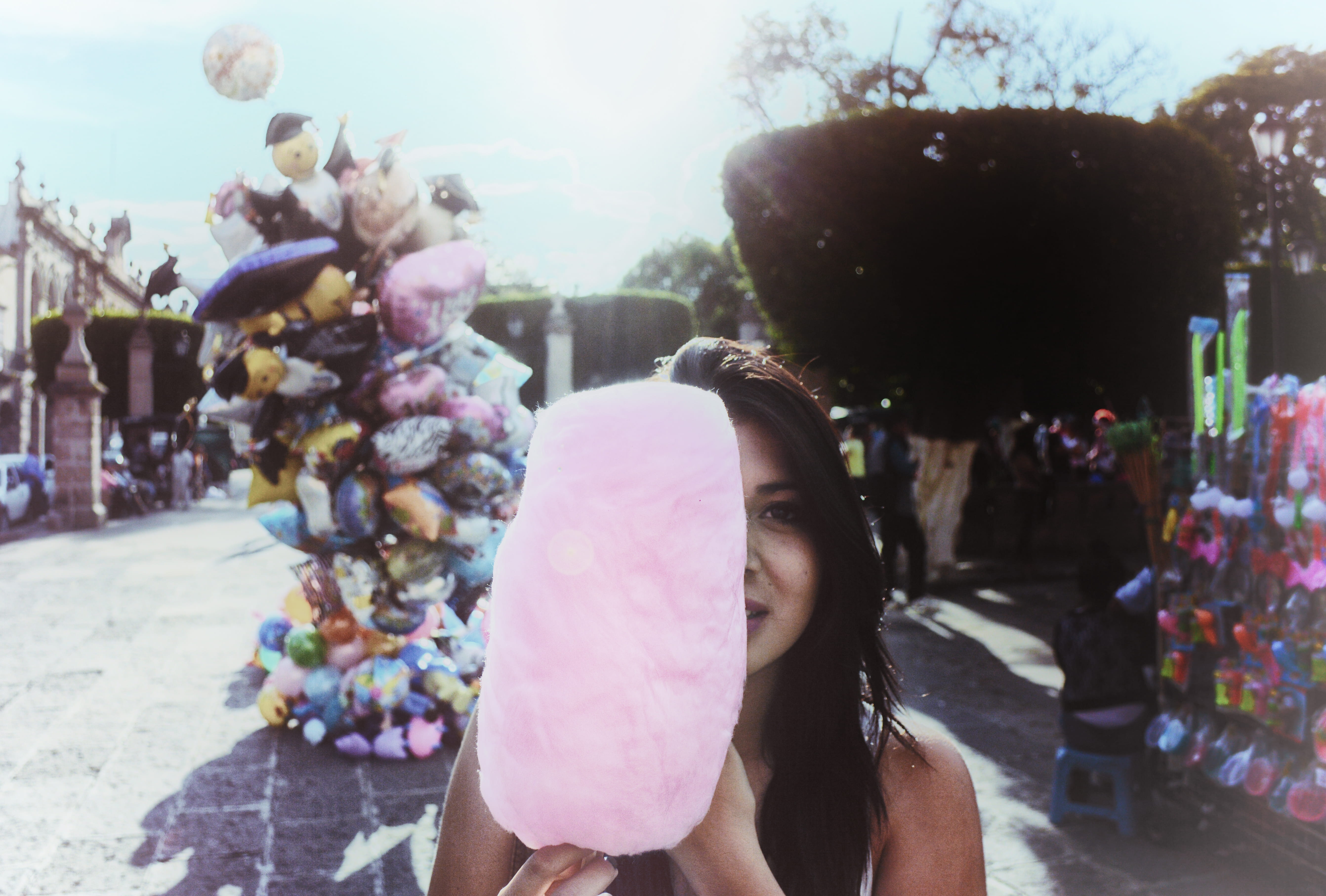 looking at camera, background, close-up, cotton, incidental people, girl, women, child, celebration, shadow, landscape, person, adult, 5K, balloons, Cotton candy, HD Wallpaper