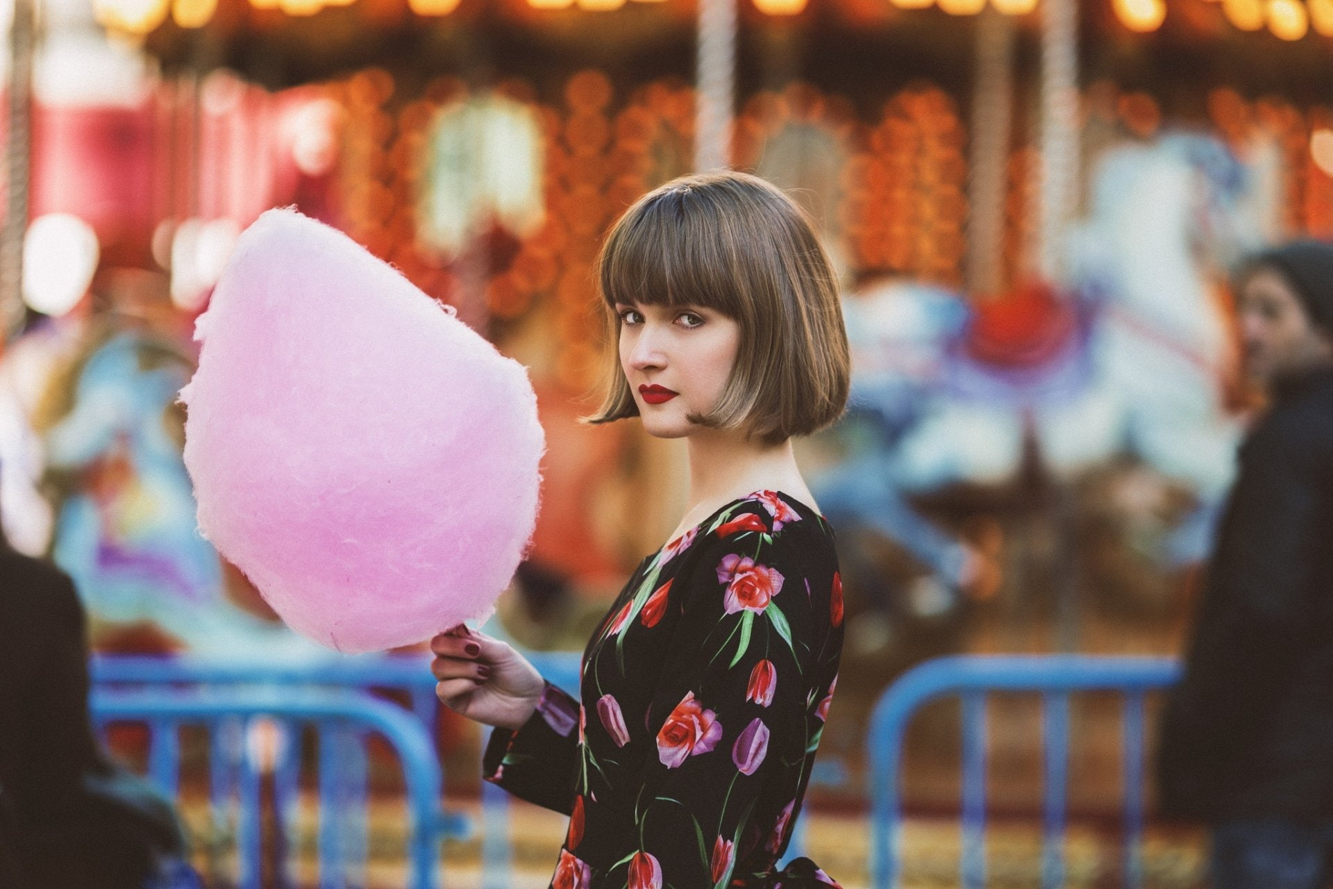 Bokeh, Woman, Brunette, Depth Of Field, Models, Girl, Model, 1080P, Lipstick, Cotton Candy, HD Wallpaper